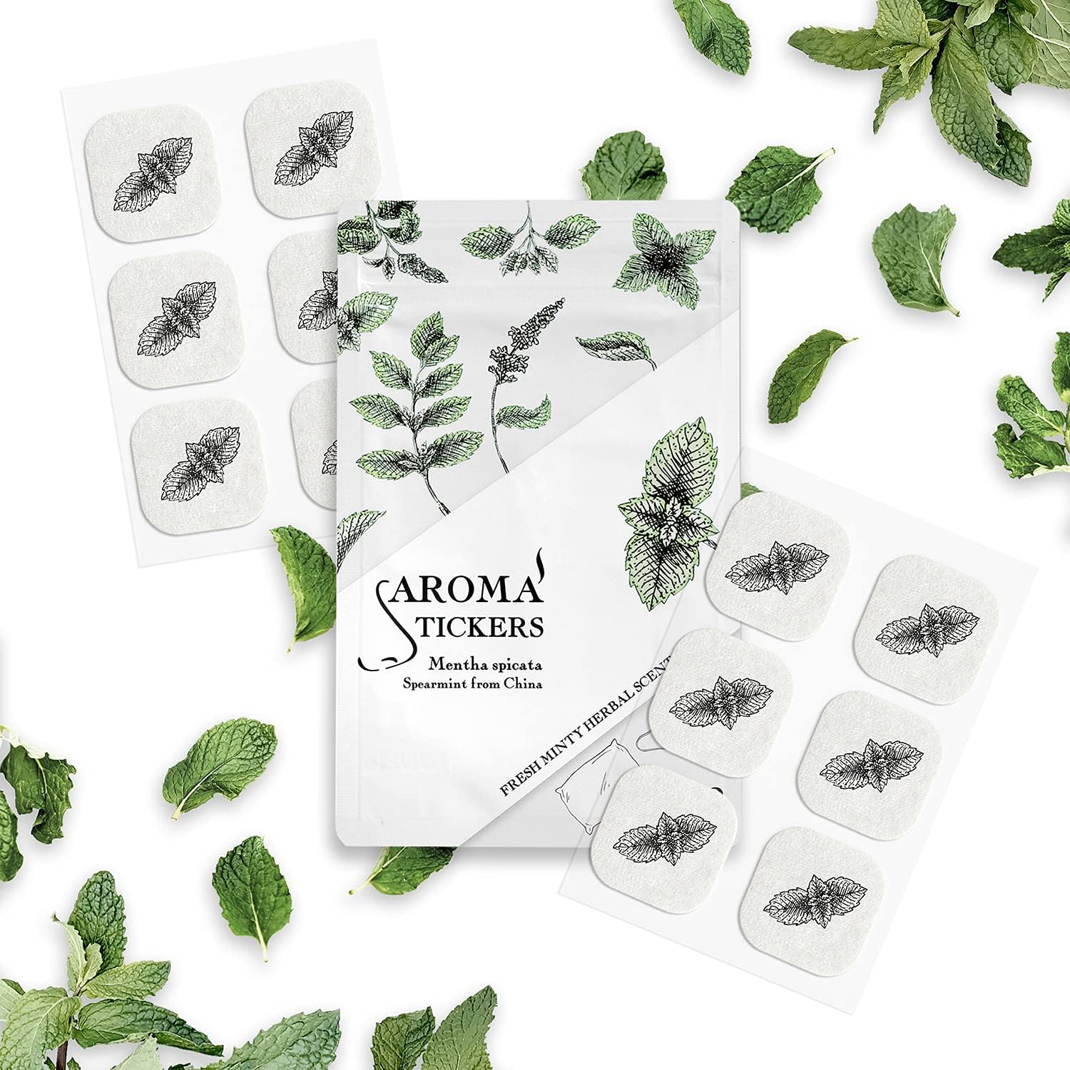 AROMA STICKERS® (Spearmint, Pack of 1) - 100% Natural Essential Oil Scented Mask Stickers for Face Mask & Pillow (12 Stickers/pc) -Pure Essential Oil Scented Mask Patch/Personal Aroma/Relaxing