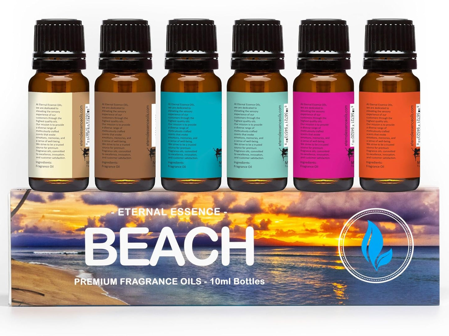Eternal Essence Oils Beach Set of 6 Premium Fragrance Oils - Includes White Sand, Ocean Breeze, Honolulu Sun, Mermaid, Caribbean Escape, and Sun & Sand Scented Oils - 10ML