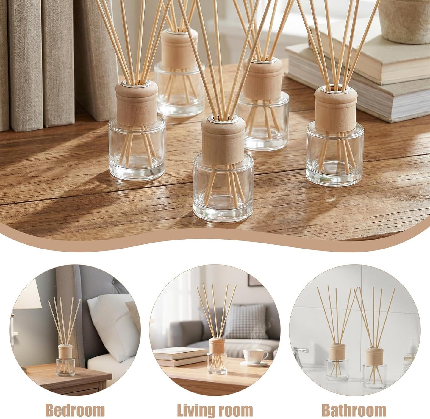 20 Set Reed Diffuser Bottle Refillable Empty Glass Jars with Wooden Caps & Sticks, 50ml (1.7 oz) Round Wide Mouth Bottles for DIY Fragrance, Home Decor, Gifts