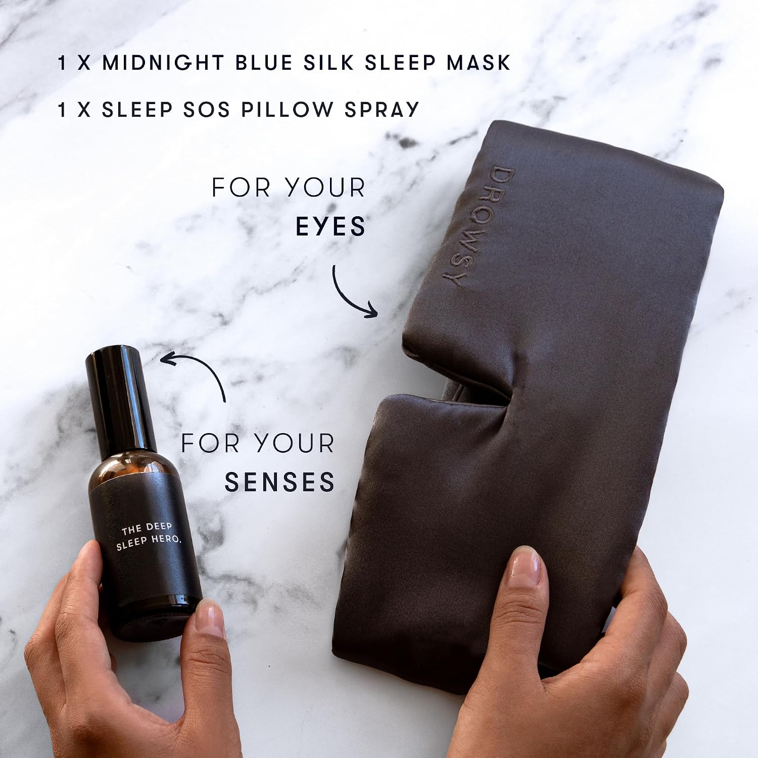 DEEP Sleep Gift Bundle - Gift Sleep This Season. Luxury Silk Sleep mask - Drowsy Midnight Blue Sleep mask and Drowsy Deep Sleep SOS Pillow Spray