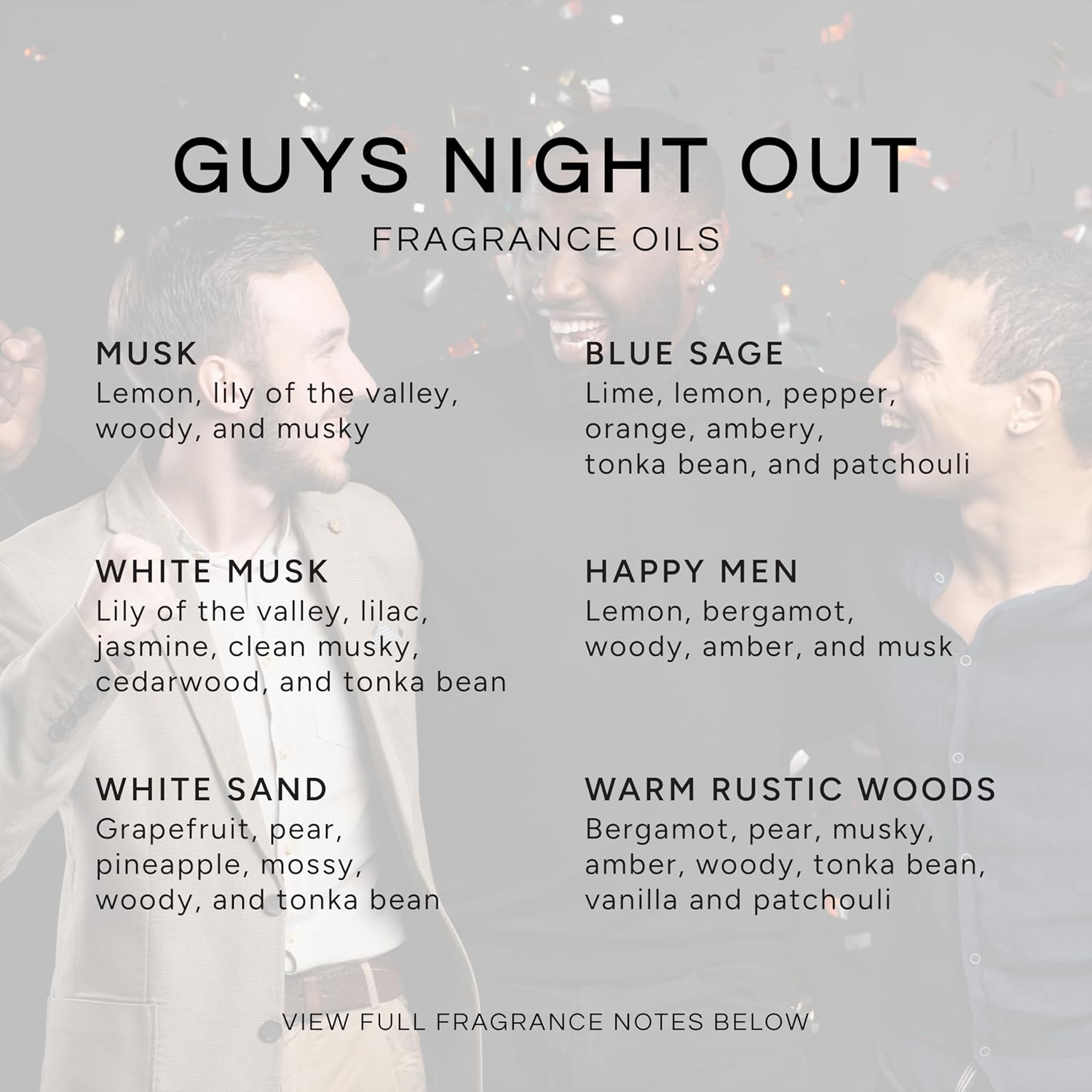 Eternal Essence Oils Guy's Night Out Set of 6 Premium Fragrance Oils - Includes Including Happy Men, Blue Sage, White Sand, Warm Rustic Woods, Musk, and White Musk Scented Oils - 10ML