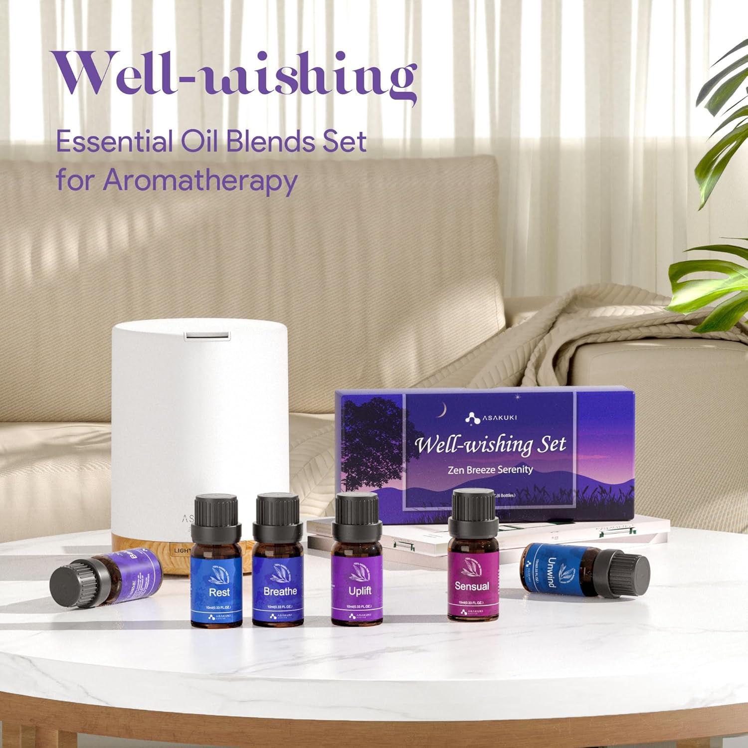 ASAKUKI Essential Oils for Diffuser –6 Mood Essential Oil Blends (Breathe, Uplift, Sensual, Balance, Unwind, Rest) for Morning to Night Rituals, Home & Daily Use- Gifts for Mom