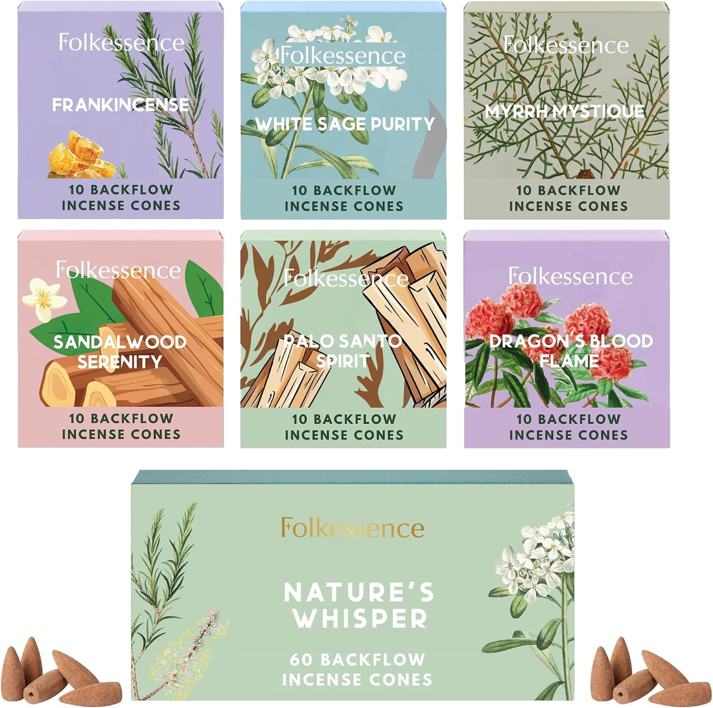 Folkulture Backflow Incense Cones Set (60 Cones) | Nature’s Whisper Cones for Meditation & Aromatherapy | Charcoal Free, Non Toxic | Frankincense, White sage & Sandalwood Fragrance Home Decor Gift