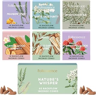 Folkulture Backflow Incense Cones Set (60 Cones) | Nature’s Whisper Cones for Meditation & Aromatherapy | Charcoal Free, Non Toxic | Frankincense, White sage & Sandalwood Fragrance Home Decor Gift