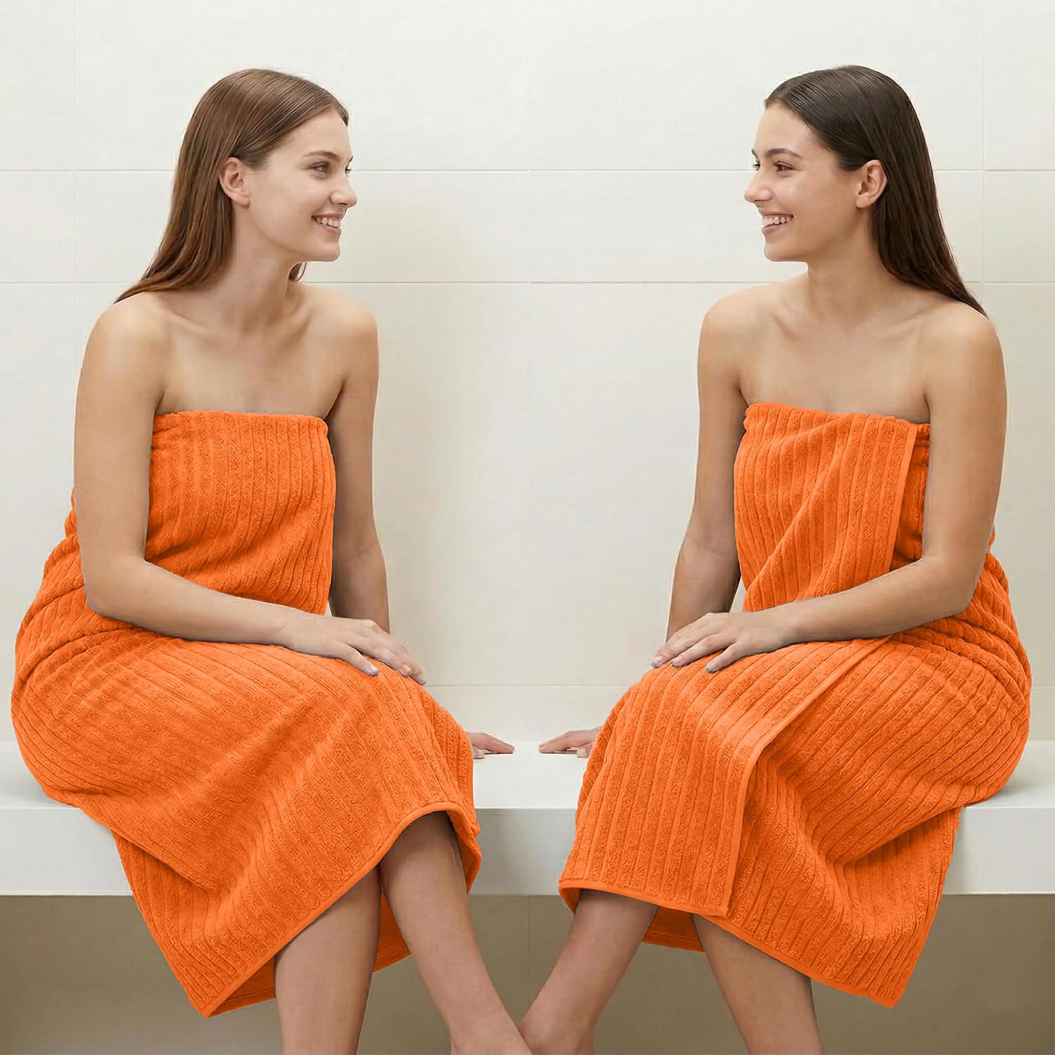 RIVERSIDE Pack of 2 Extra Large Bath Sheet Towels, 35 x 70 Inches, 600 GSM, Ribbed Stripe, 100% Cotton - Super Soft, Highly Absorbent & Quick Dry for Bathroom, Spa & Hotel, Orange