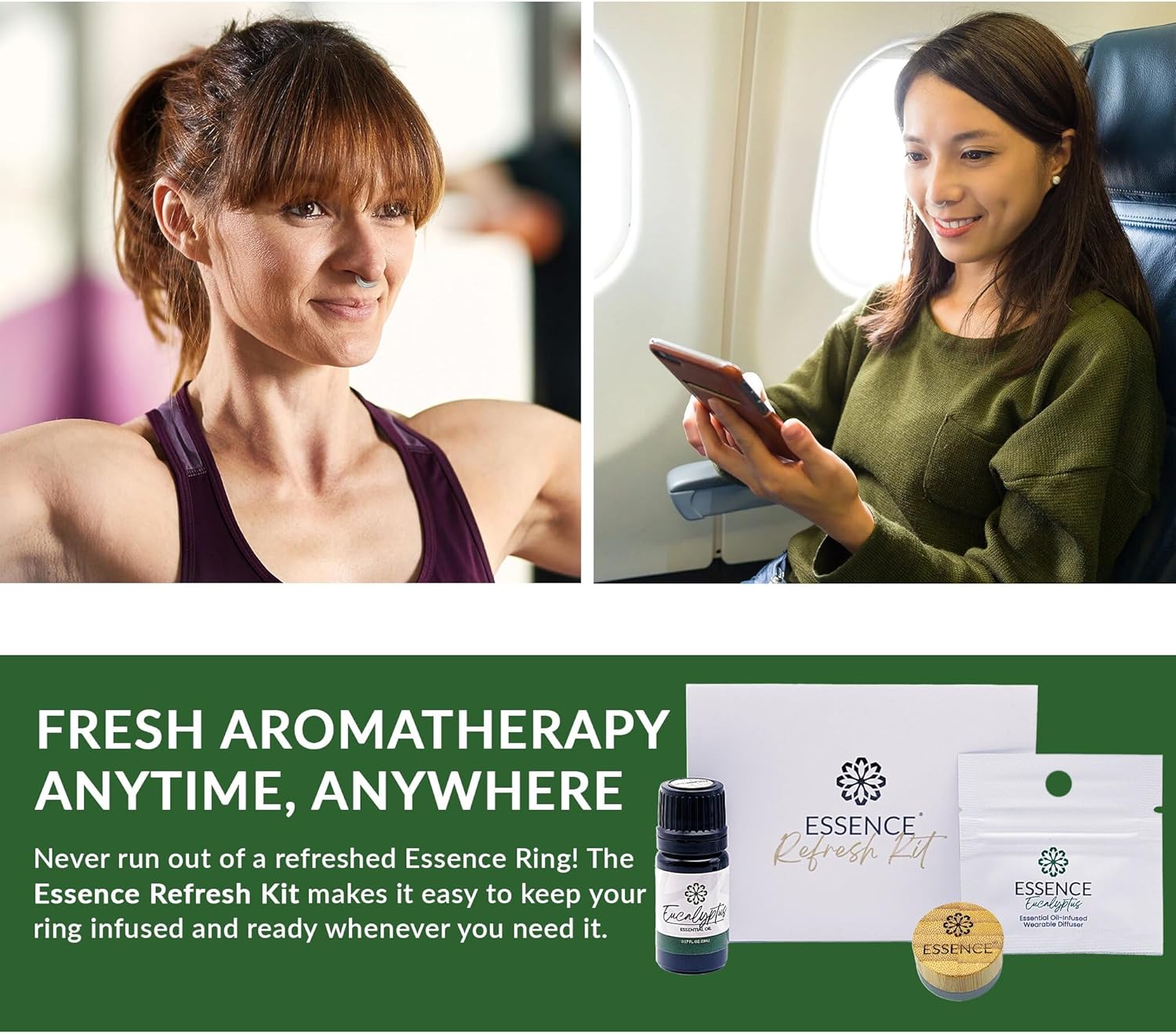 Essence Refresh Kit | Solid Scents Essential Oils | Aromatherapy Nasal Diffuser | Personal Scent Clip for Travel, Work & Everyday Use | Made in USA | Eucalyptus | Bamboo/Glass Pod