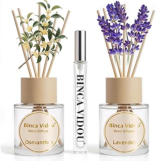 Reed Diffuser Set, Binca Vidou Lavender & Osmanthus Natural Perfume Scent Oil Diffusers with Sticks & Spray Bottle for Home Office Bathroom Aromatherapy Decor 1.69oz x 2