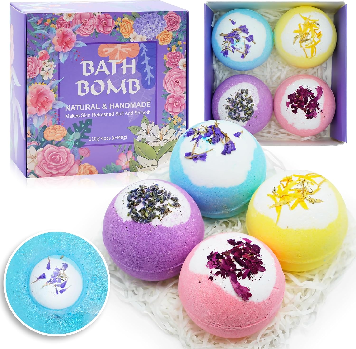Bath Bombs for Women Relaxing-4 Natural and Organic Bath Bombs with Essential Oils & Moisturizing Shea Butter,Gifts for Her, Girls, Wife, Birthday and Christmas