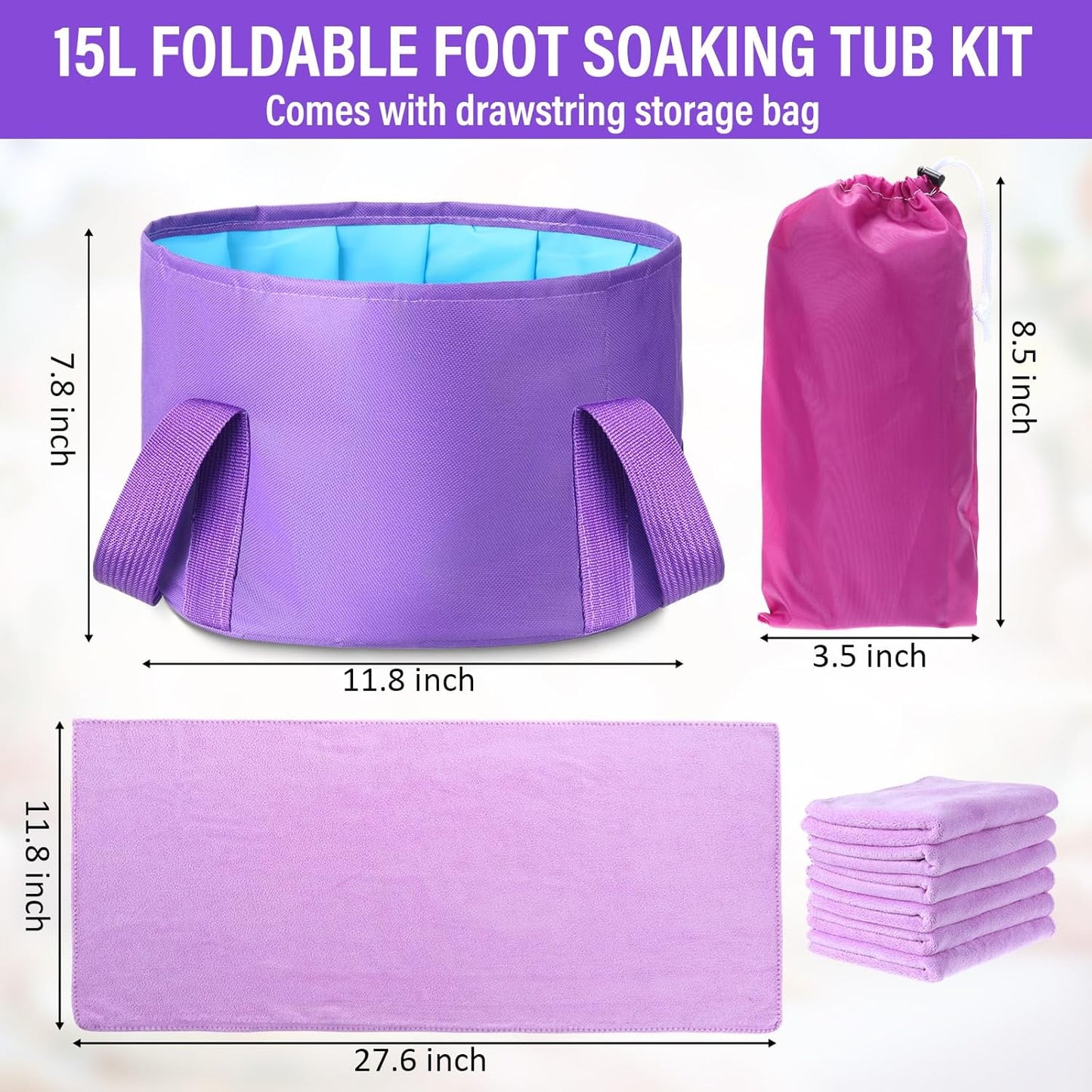 FillTouch 12 Pcs 15L Foldable Foot Soaking Tub Kit Portable Foot Bath Tub for Soaking Feet with Towel and Storage Bag Soak Spa Bucket for Travel Camping (Purple)
