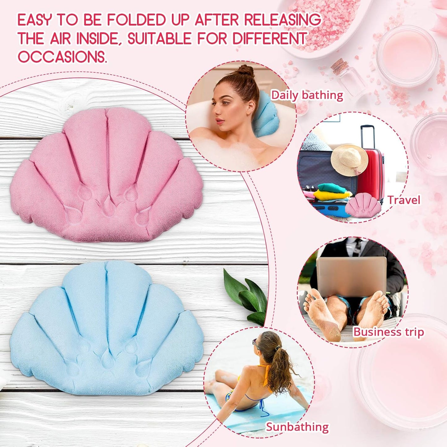 2 Pieces Inflatable Bath Pillow with Suction Cups, Terry Cloth Covered Bath Pillow Shell Shape Bathtub Spa Pillow Comfortable Soft Bath Cushion, Neck Support for Bathtub, Hot Tub, Home Spa Tub