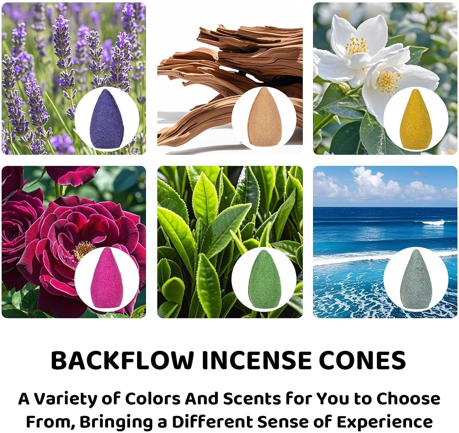 108 PCS Backflow Incense Cones for Waterfall - Waterfall Scented Cone Incense Backflow Smoke Burning Inscents-Cones Bulk 6 Different Scented Incense Cone Match Waterfall Incense Burner Exclude