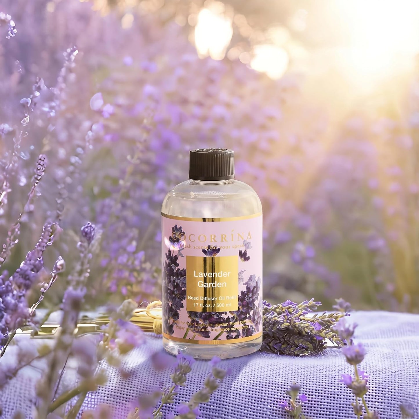 Cocorrína Reed Diffuser Refill Lavender Garden 17oz (500ml) with 8 Rattan Sticks - Premium Long-Lasting Scented Oil, Home Fragrance for Bedroom, Bathroom Home Decor