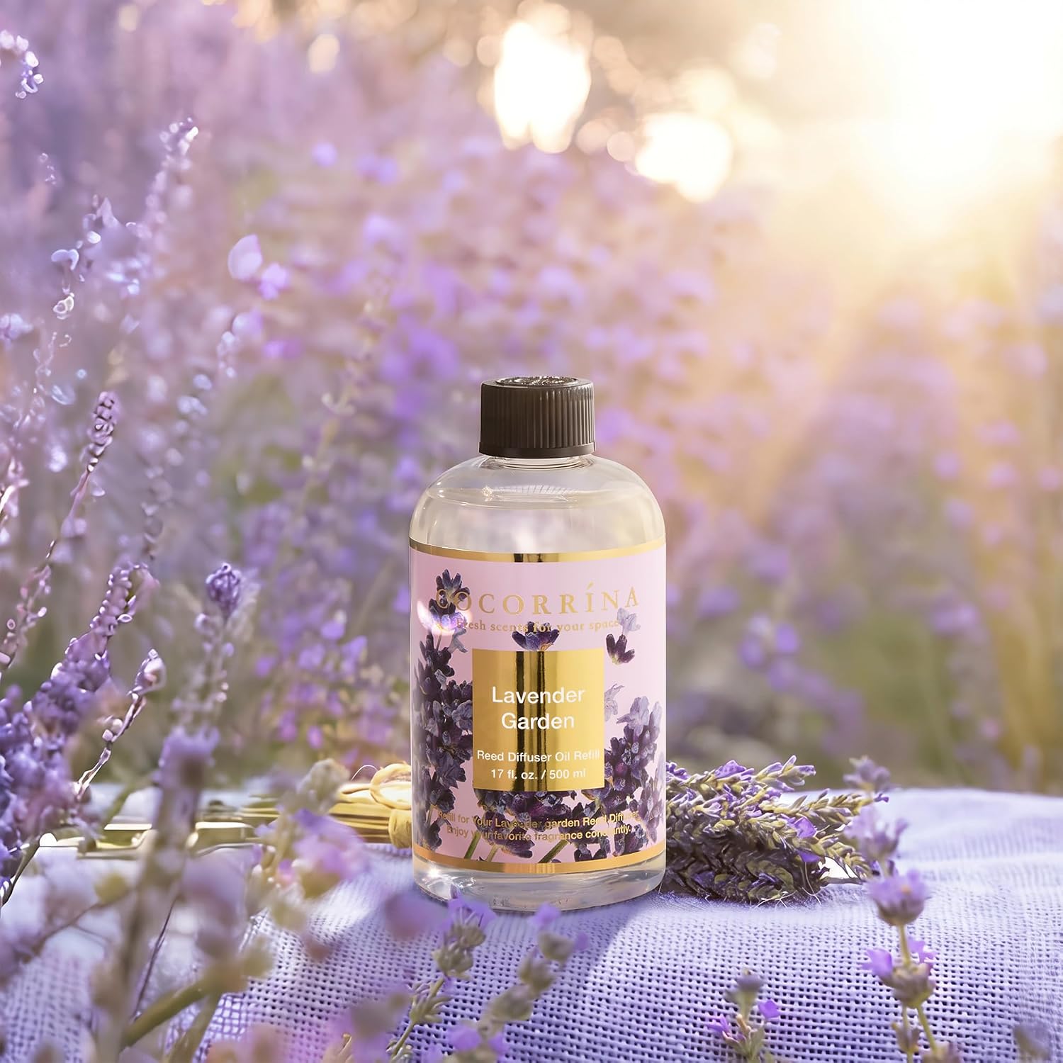 Cocorrína Reed Diffuser Refill Lavender Garden 17oz (500ml) with 8 Rattan Sticks - Premium Long-Lasting Scented Oil, Home Fragrance for Bedroom, Bathroom Home Decor
