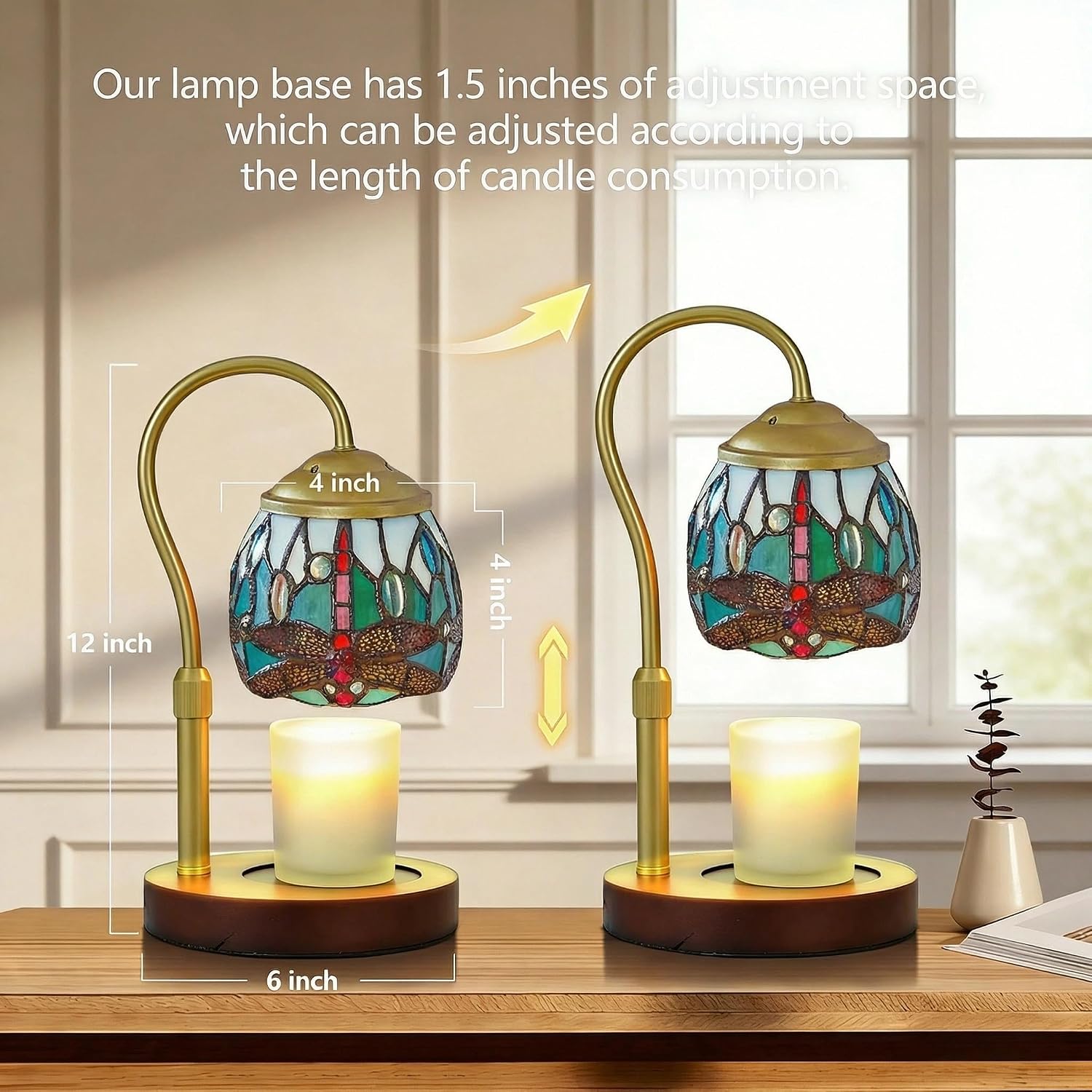 Dragonfly Tiffany Style Candle Warmer Lamp, Adjustable Height Candle Warmer Lamp with Timer and Dimmer, Dimmable Electric Candle Warmer for Scented Wax, Glass Shade, Metal Stem, Wooden Base