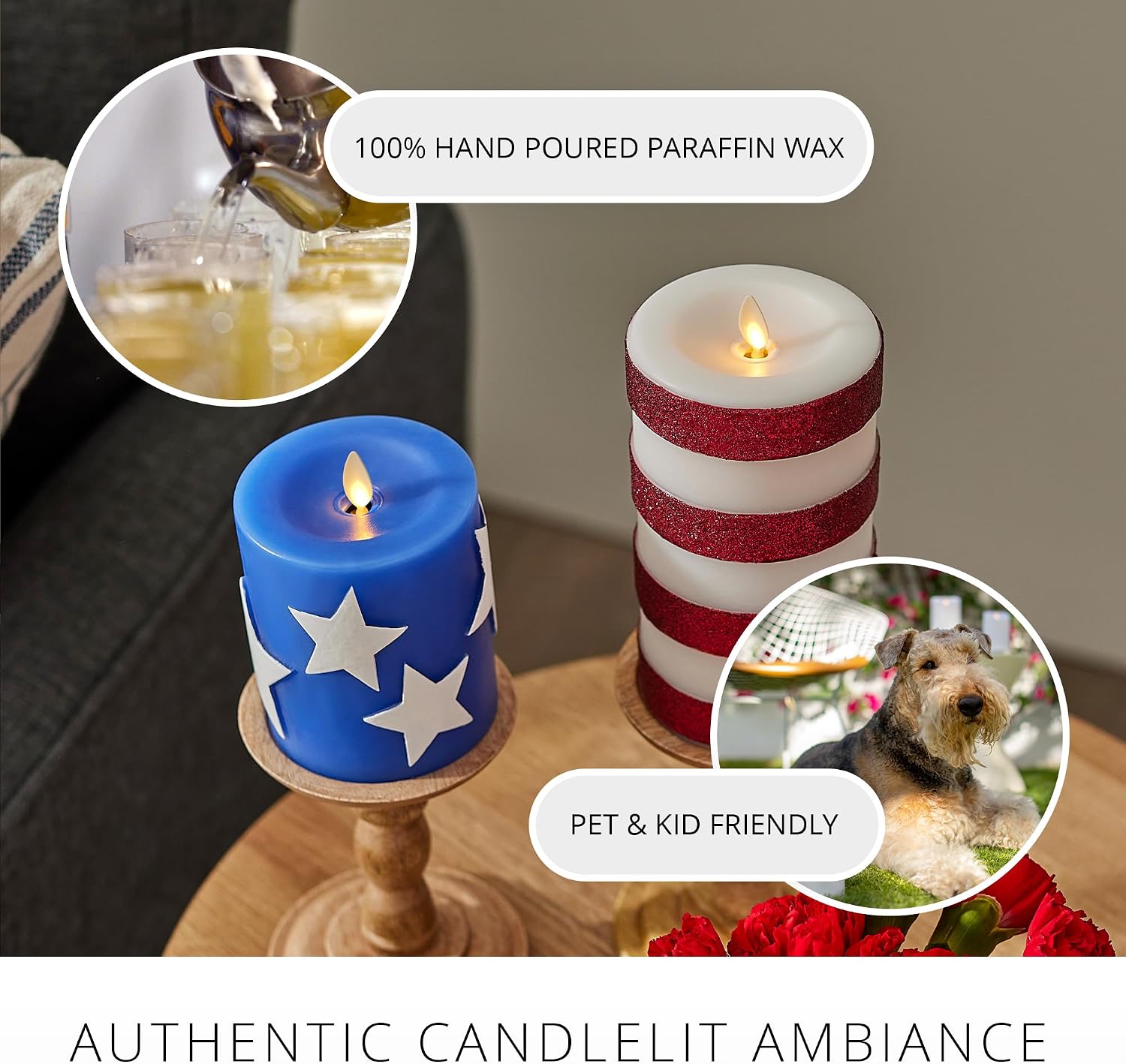 Luminara Flameless LED Stars & Stripes, 2 Patriotic Americana Pillar Candles, Timer, Remote Ready, American Flag Design for July 4th Memorial Day