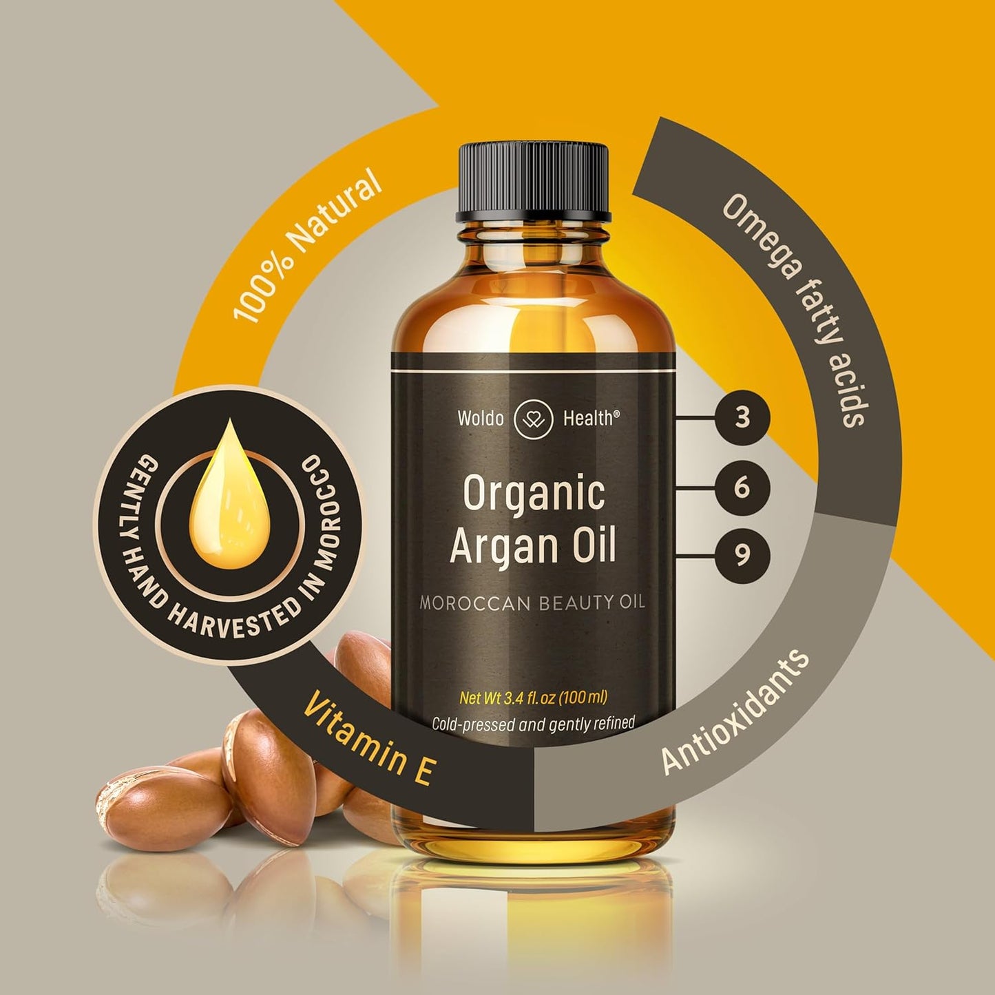 Organic Argan Oil Cold Pressed 3.4 Fl Oz - Moroccan Beauty Oil for Hair, Skin, Nails & Face, Vitamin E Rich, Non-Greasy, Natural Moisturizer