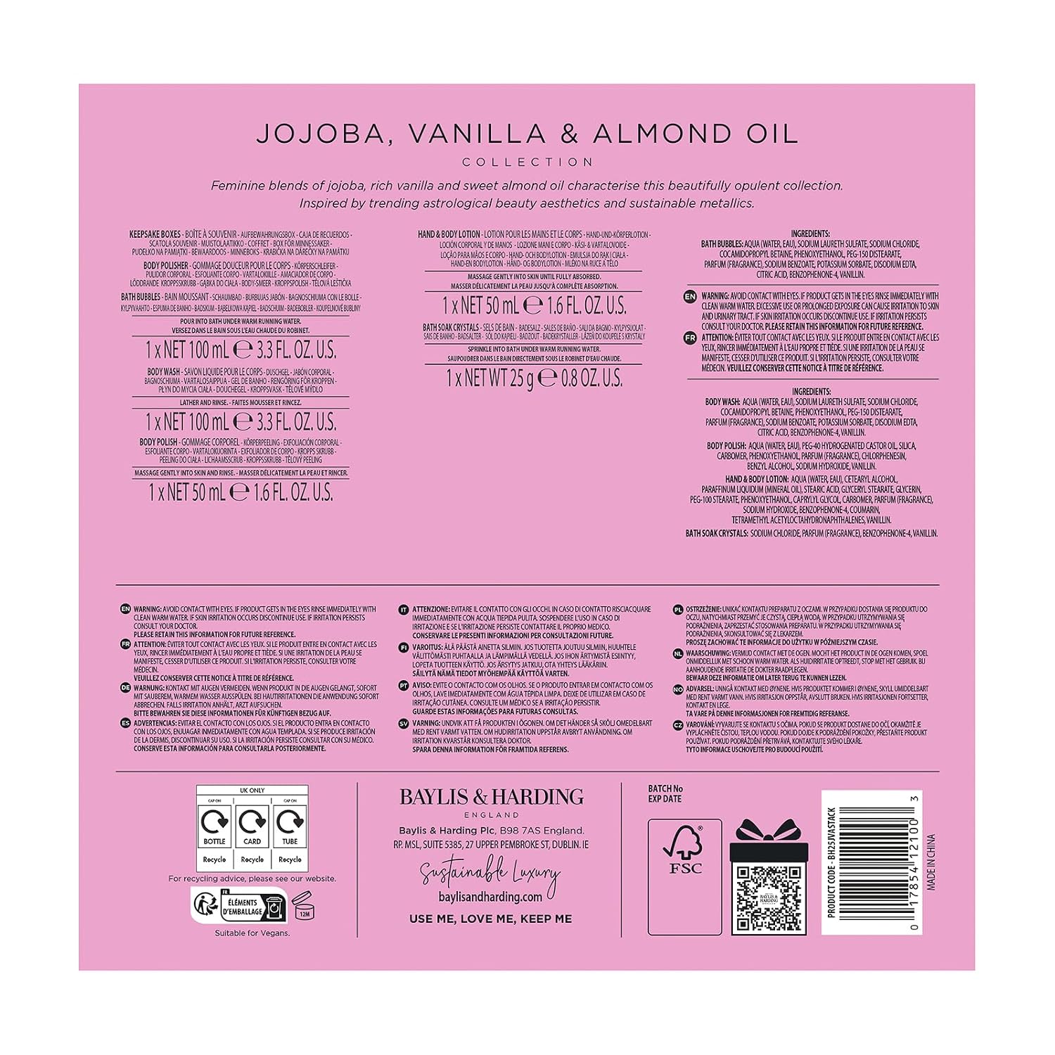 Baylis & Harding Jojoba, Vanilla & Almond Oil Luxury Pamper Present Gift Set For Women - Vegan Friendly