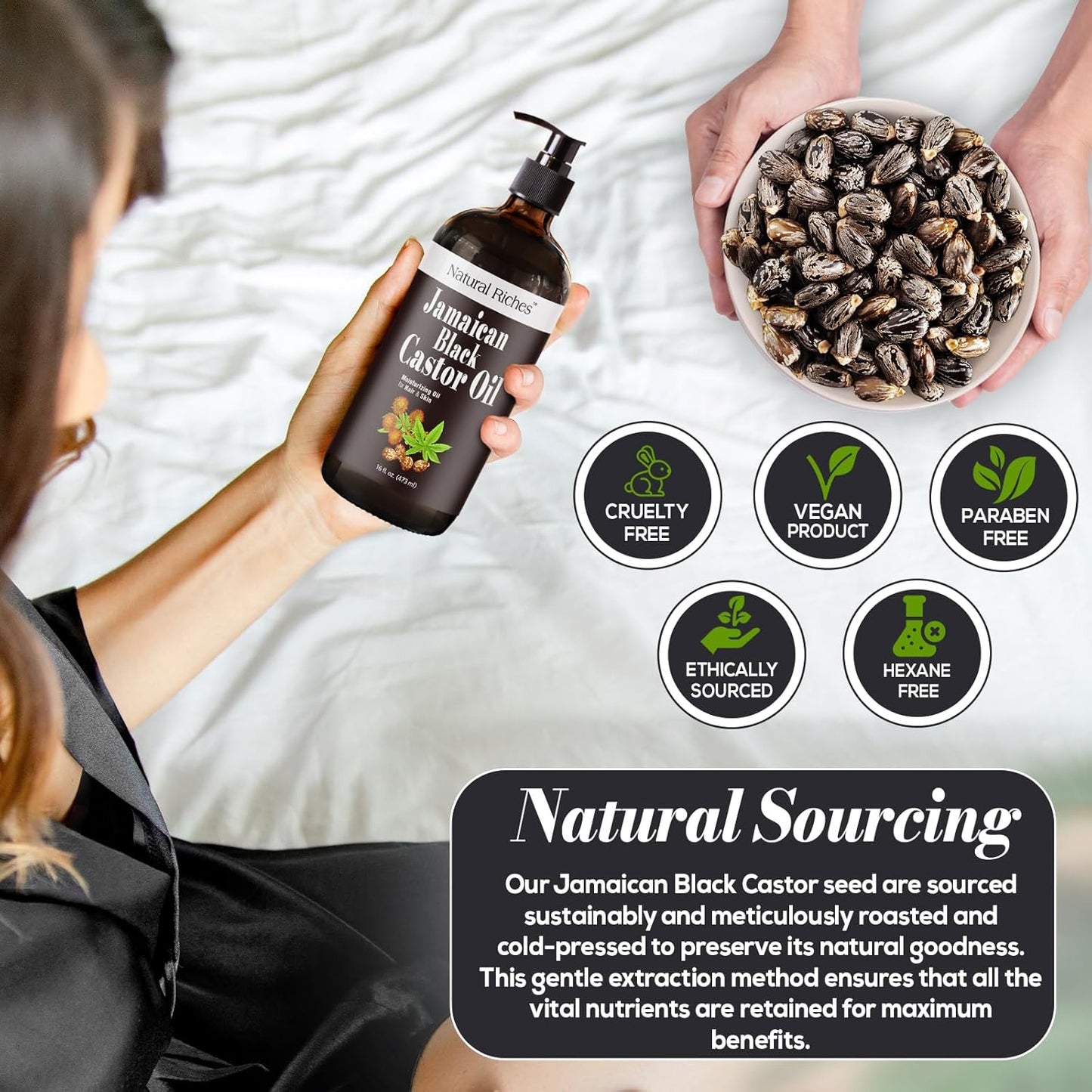 Natural Riches Jamaican Black Castor Oil Glass Bottle Pure Organic Cold Pressed for Hair Growth Skin Care for Dry Skin Conditioning Eyebrows Eyelashes Scalp and Nail Moisturizes & Repairs 16fl.oz.