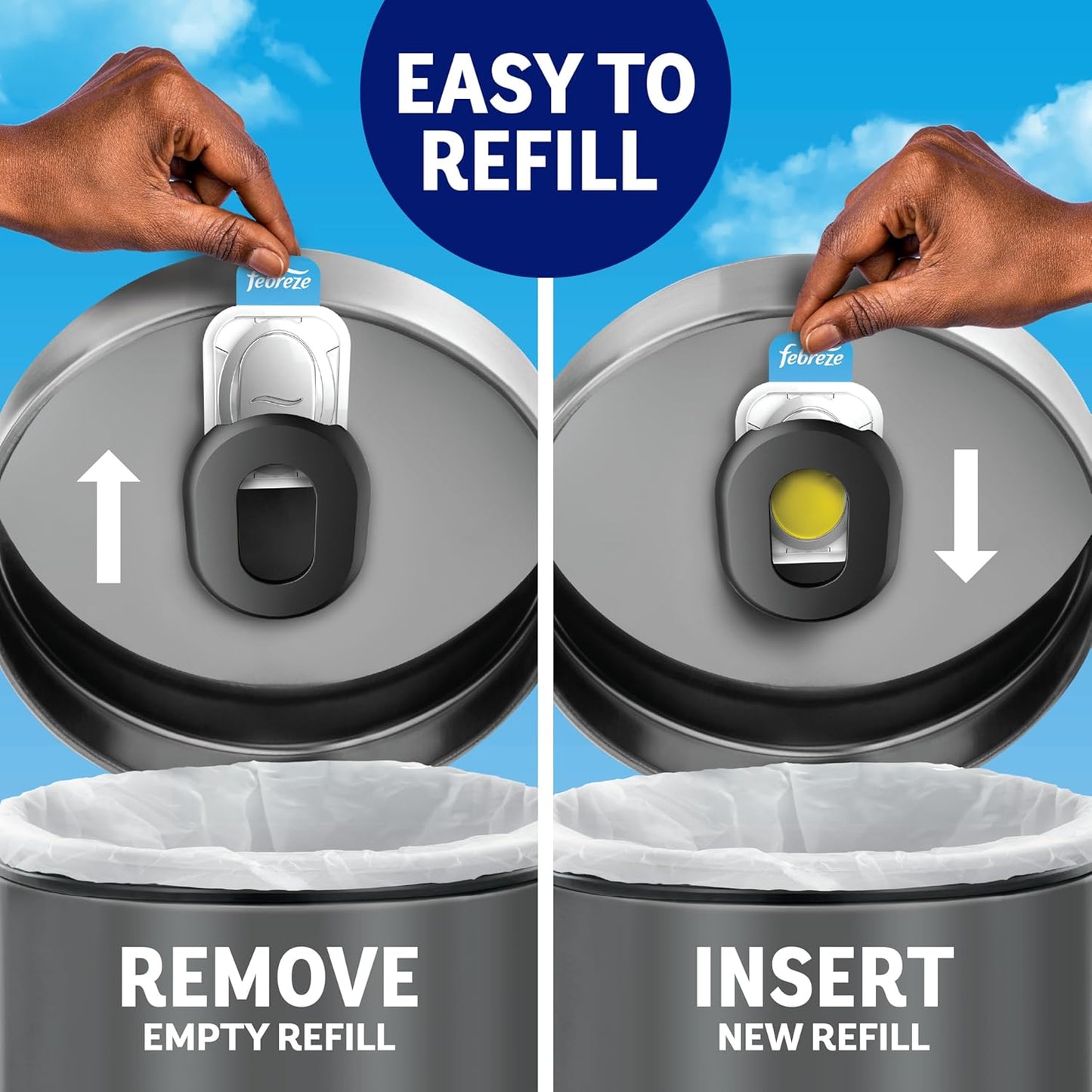 Febreze Trash Odor Fighter, Trash Can Air Freshener, Stick-On Deodorizer for Garbage Cans, Diaper Pails, Works with Scented Trash Bags, Fresh Lemon and Linen & Sky Scents, 2 Holders + 2 Refills
