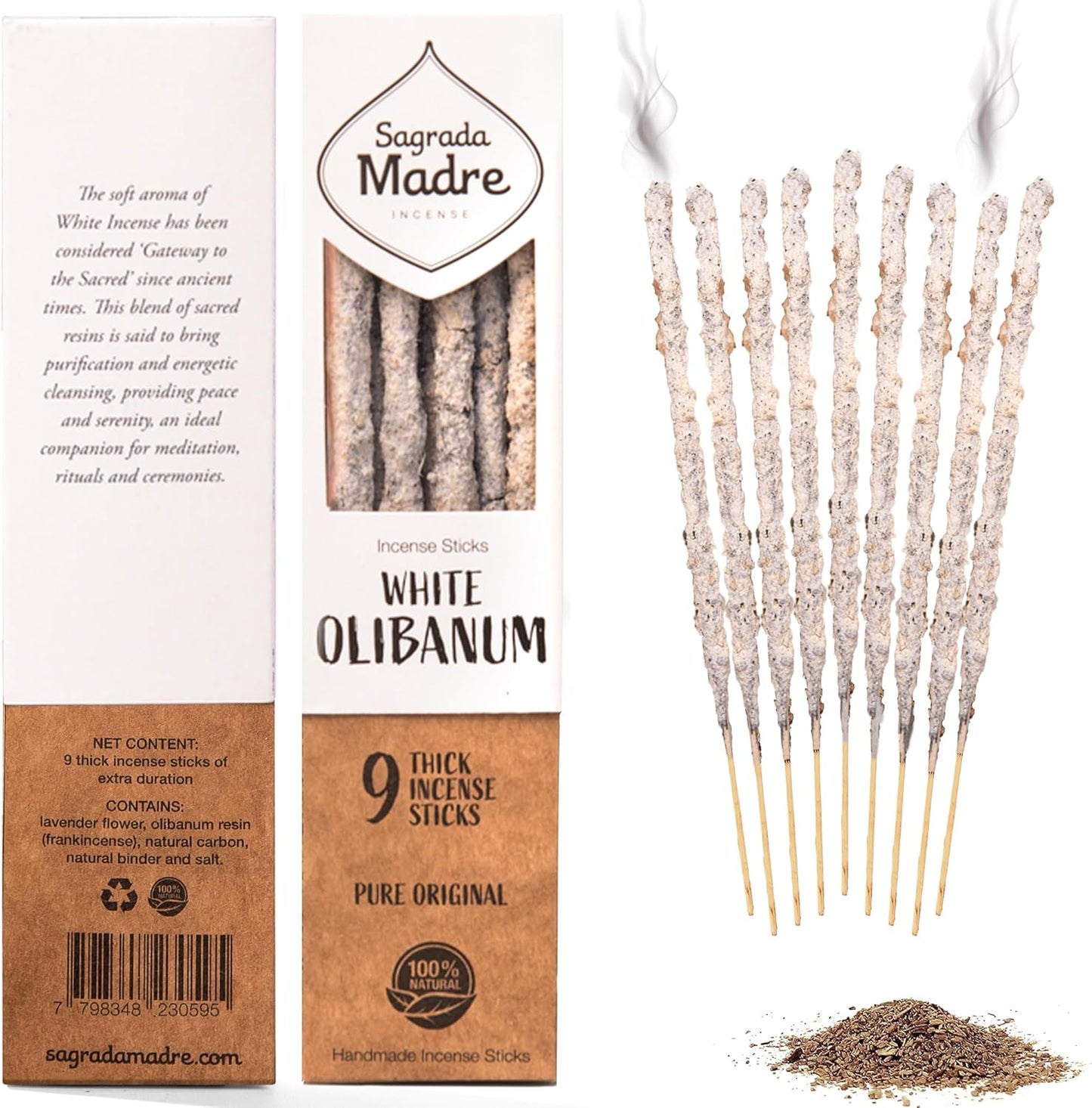 Sagrada Madre 9 pcs Wildly Harvested - White Olibanum/Frankincense Incense Sticks, 7" Long - Thick Aromatic Incense Sticks (45-55 min Burning Time) to Neutralize Negative Energies & Harmonizing Space