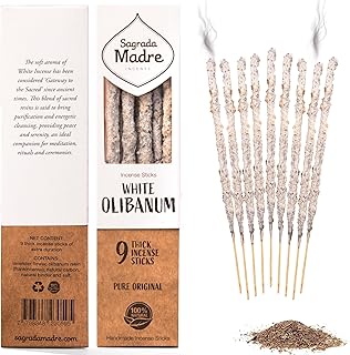 Sagrada Madre 9 pcs Wildly Harvested - White Olibanum/Frankincense Incense Sticks, 7" Long - Thick Aromatic Incense Sticks (45-55 min Burning Time) to Neutralize Negative Energies & Harmonizing Space