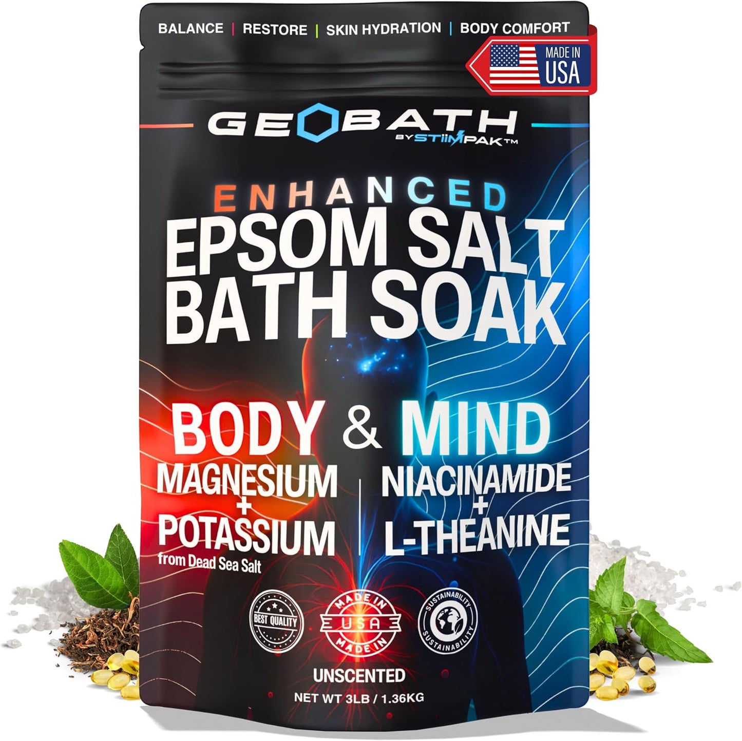 Magnesium Epsom Salt Bath Soak with Dead Sea Salt | Hydrating Skin Care & Muscle Relief with L-Theanine, Niacinamide & Potassium | Stress Relief & Relaxation for Body & Mind | GEOBATH | 3lb