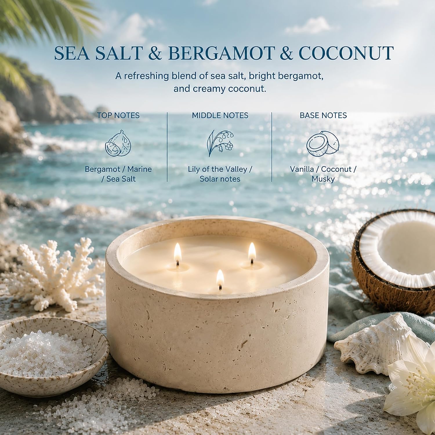 3-Wick Scented Candle-Sea Salt & Bergamot & Coconut,Soy Coconut Wax Blend Candle with Acacia Wood Lid,21oz Large Candle,45-Hour Long Burning,Aromatherapy Candle for Home Decor