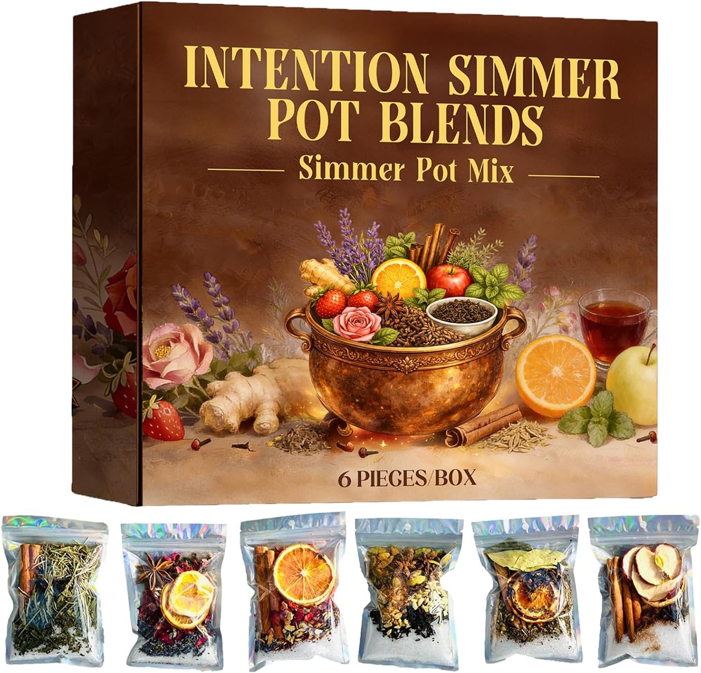 Simmer Pot Potpourri, Mixed Flavors Simmer Pot Mix with Natural Ingredients, A Mixture of Herbs, Salt & Dried Fruit for Home Fragrance Odor Removal, Holiday(One Pack(6 Pcs))