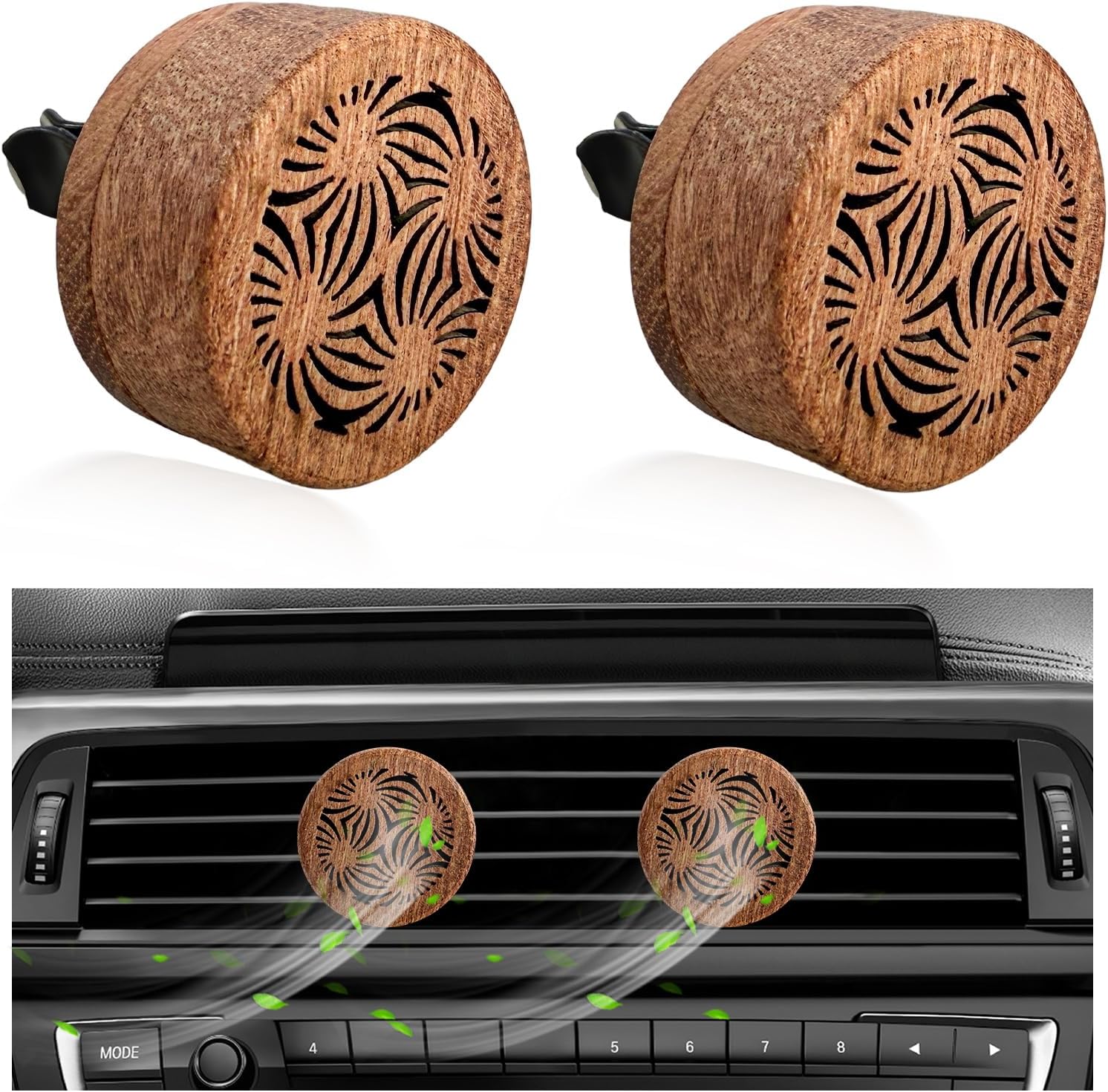 KVAEY 2 PCS Wood Car Essential Oil Diffuser, Wooden Aromatherapy Essential Oils Diffuser with Vent Clip, Wood Vent Clip Air Freshener for Vehicle Office Home Bedroom (Lucky Stamen)