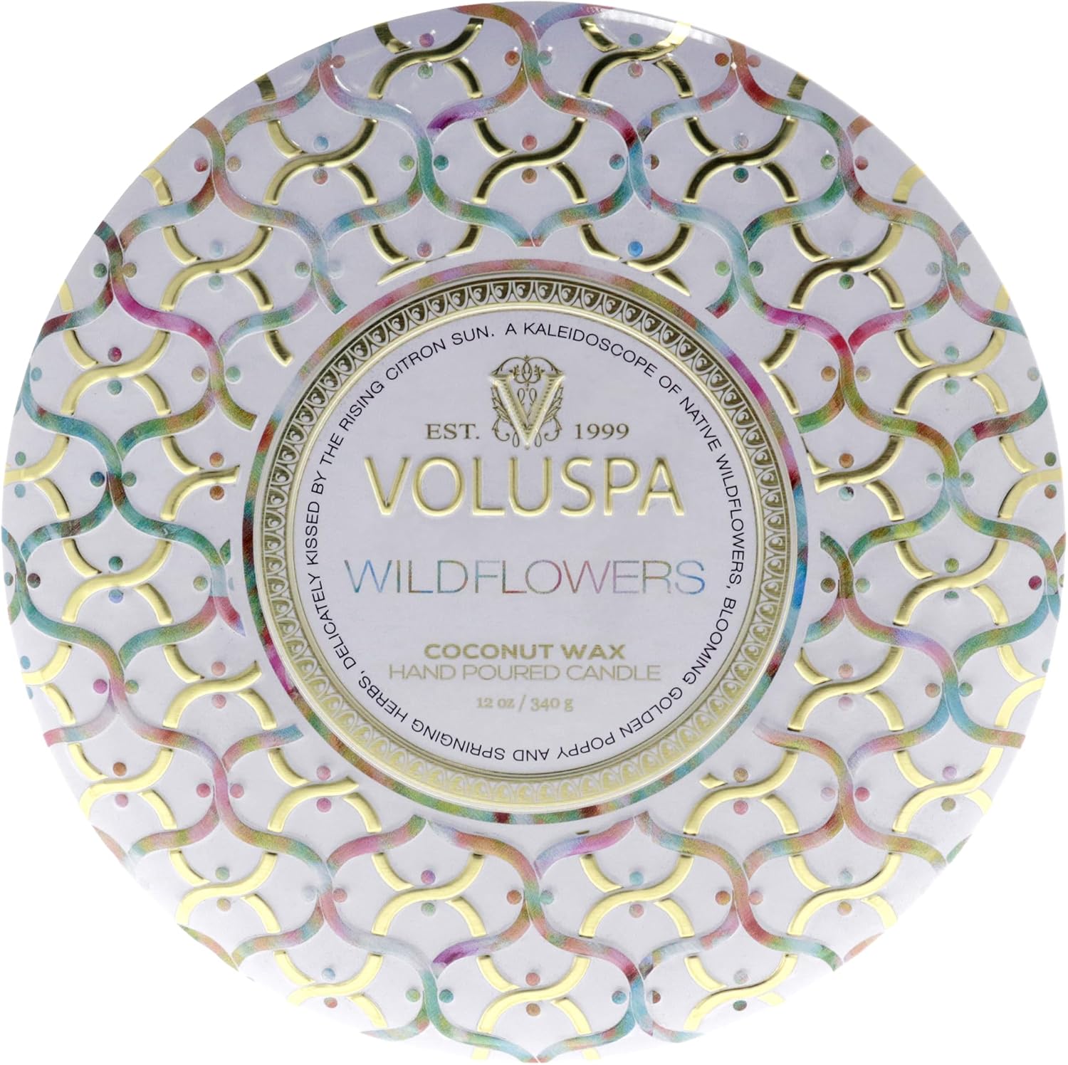 Voluspa Wildflowers, 3 Wick Tin Candle, 12 oz, 40 Hour Burn Time, All Natural Wicks and Coconut Wax for Clean Burning, Vegan, Poured in the USA