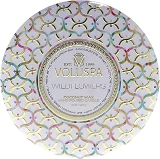 Voluspa Wildflowers, 3 Wick Tin Candle, 12 oz, 40 Hour Burn Time, All Natural Wicks and Coconut Wax for Clean Burning, Vegan, Poured in the USA