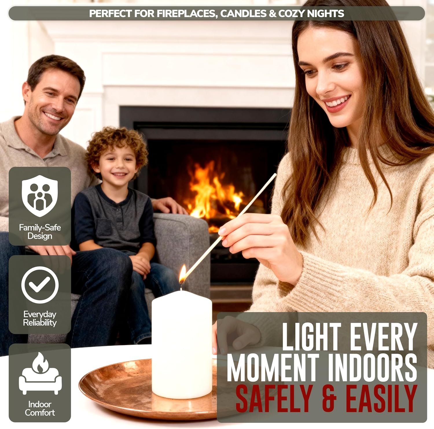 11-Inch Extra Long Wooden Safety Matches (3 Pack) - Ideal for Lighting Fireplace, Candles, Grills & Camping Firepits - Strike on Box - Heavy Duty Long Matches for Fireplace - 150 Count