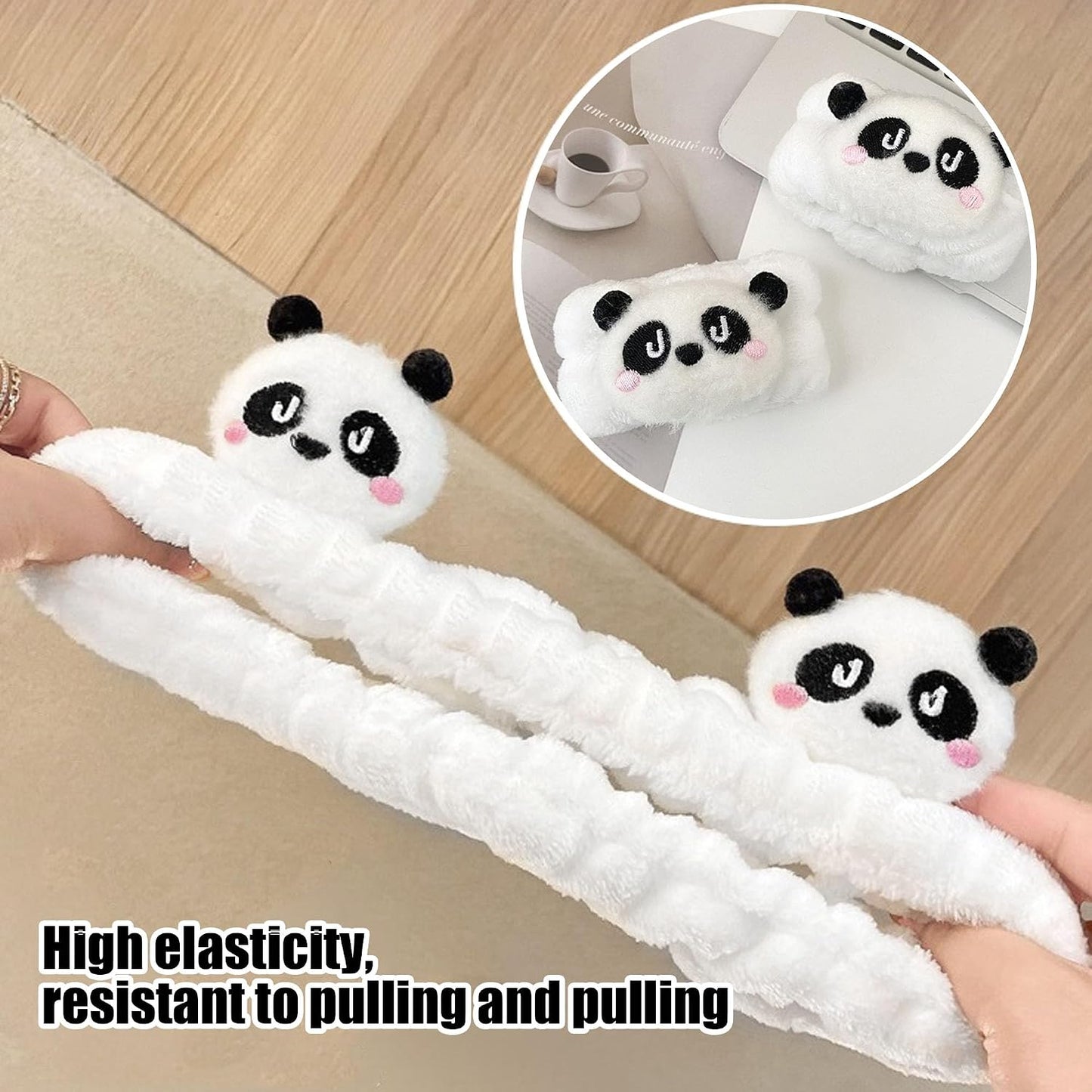 3 Pcs Unisex Adult Panda Headband & Wristbands Set, White, Plush Fabric, Spa & Face Wash Accessory