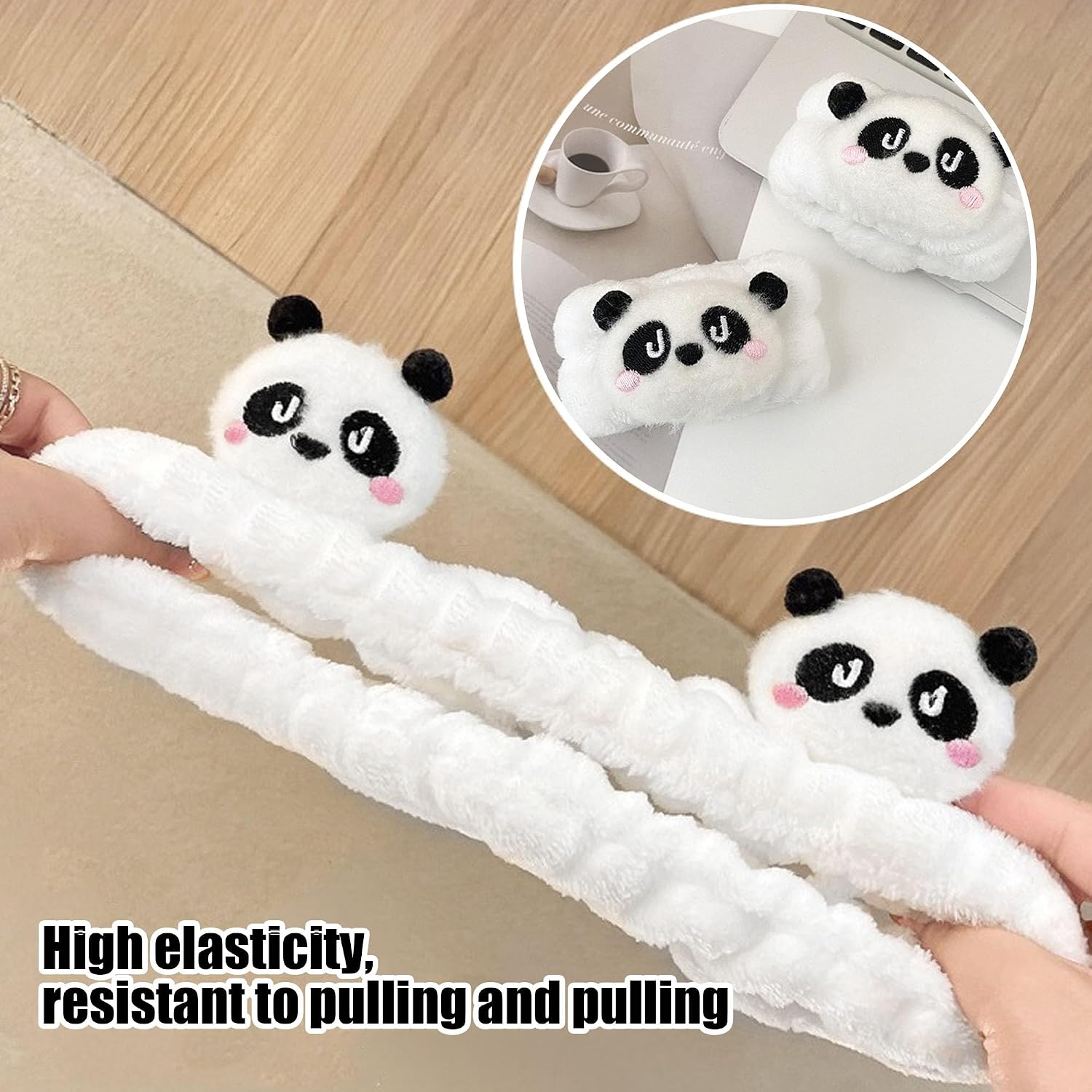3 Pcs Unisex Adult Panda Headband & Wristbands Set, White, Plush Fabric, Spa & Face Wash Accessory
