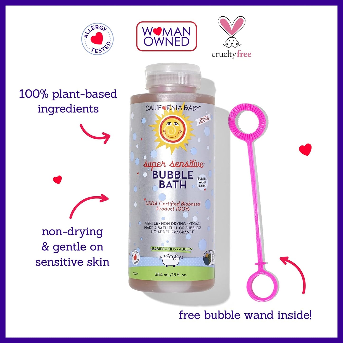 California Baby Super Sensitive Bubble Bath | 100% Plant-Based Kids Bubble Bath | Gentle Unscented Baby Bubble Bath | Free Bubble Wand | 384 mL / 13oz