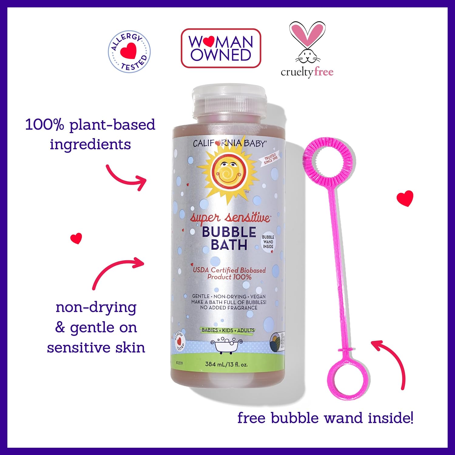 California Baby Super Sensitive Bubble Bath | 100% Plant-Based Kids Bubble Bath | Gentle Unscented Baby Bubble Bath | Free Bubble Wand | 384 mL / 13oz