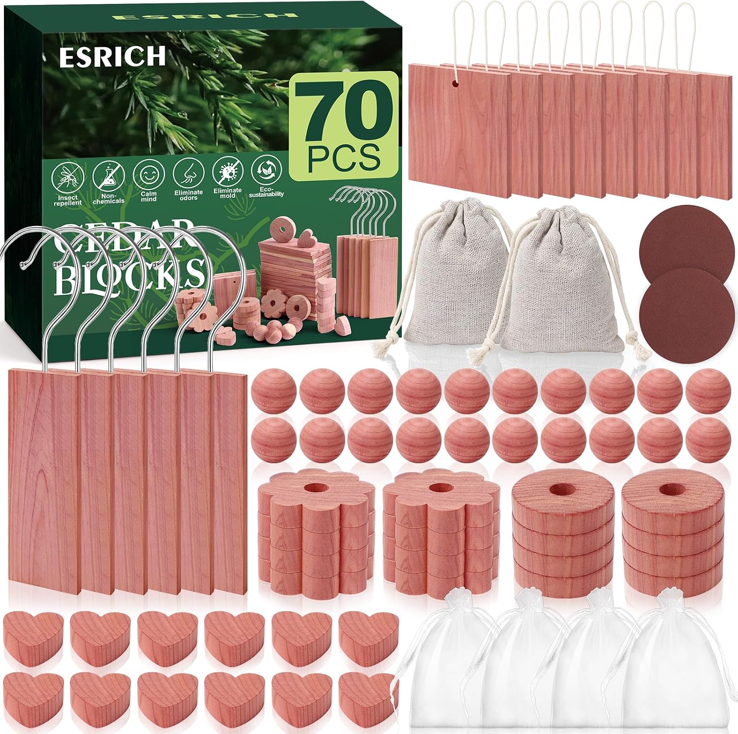ESRICH Cedar Blocks for Clothes Storage 70Pcs, 100% Natura Cedars Wood for Closets, Cedars Planks with Sandpaper, Cedar Chips and Balls for Closets and Drawers, Fresh Scented Sachets