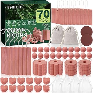 ESRICH Cedar Blocks for Clothes Storage 70Pcs, 100% Natura Cedars Wood for Closets, Cedars Planks with Sandpaper, Cedar Chips and Balls for Closets and Drawers, Fresh Scented Sachets