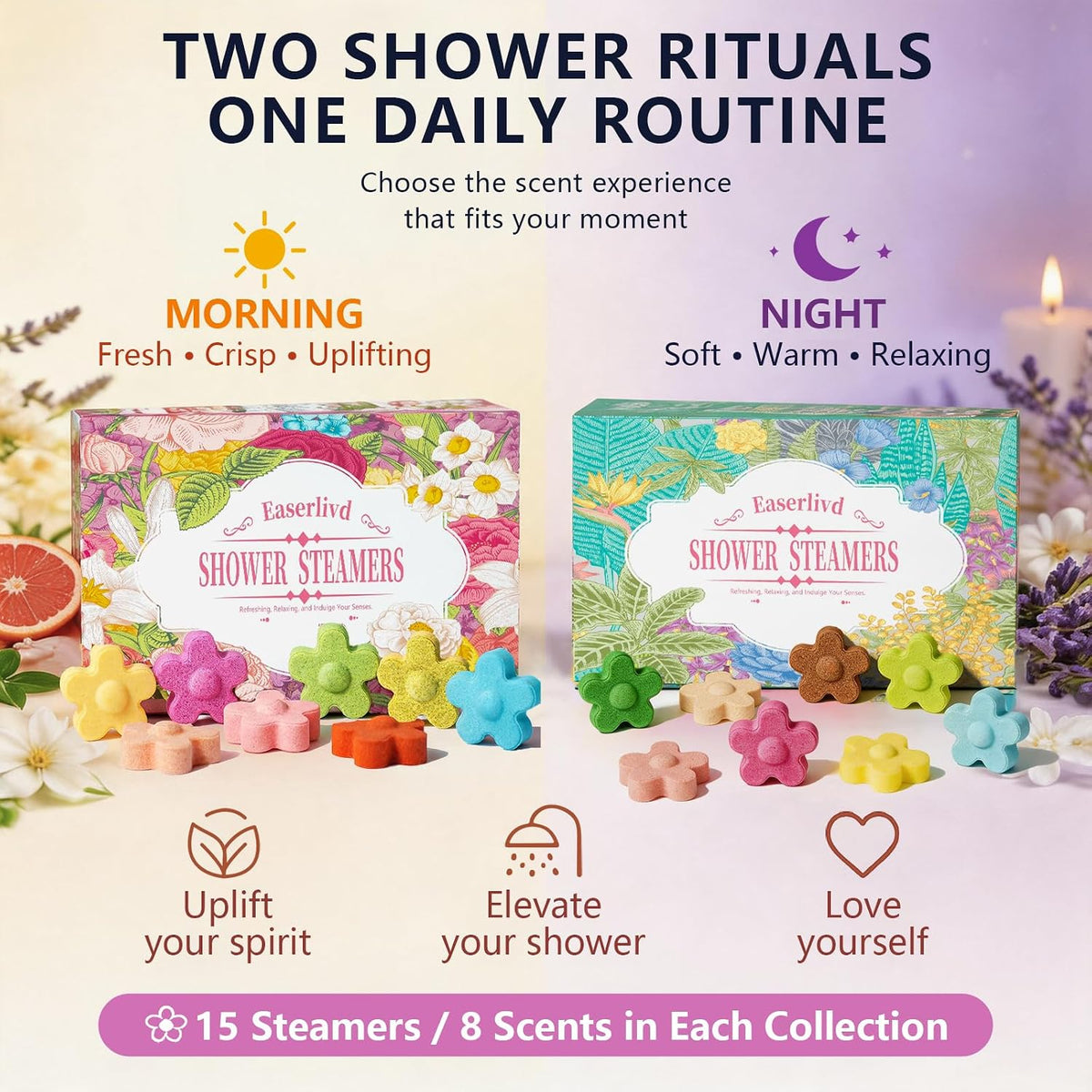 15-Pack Morning Aromatherapy Shower Steamers, 8 Assorted Scents, Shower Tablets with Essential Oils, Refreshing Self Care Shower Melts, Individually Wrapped