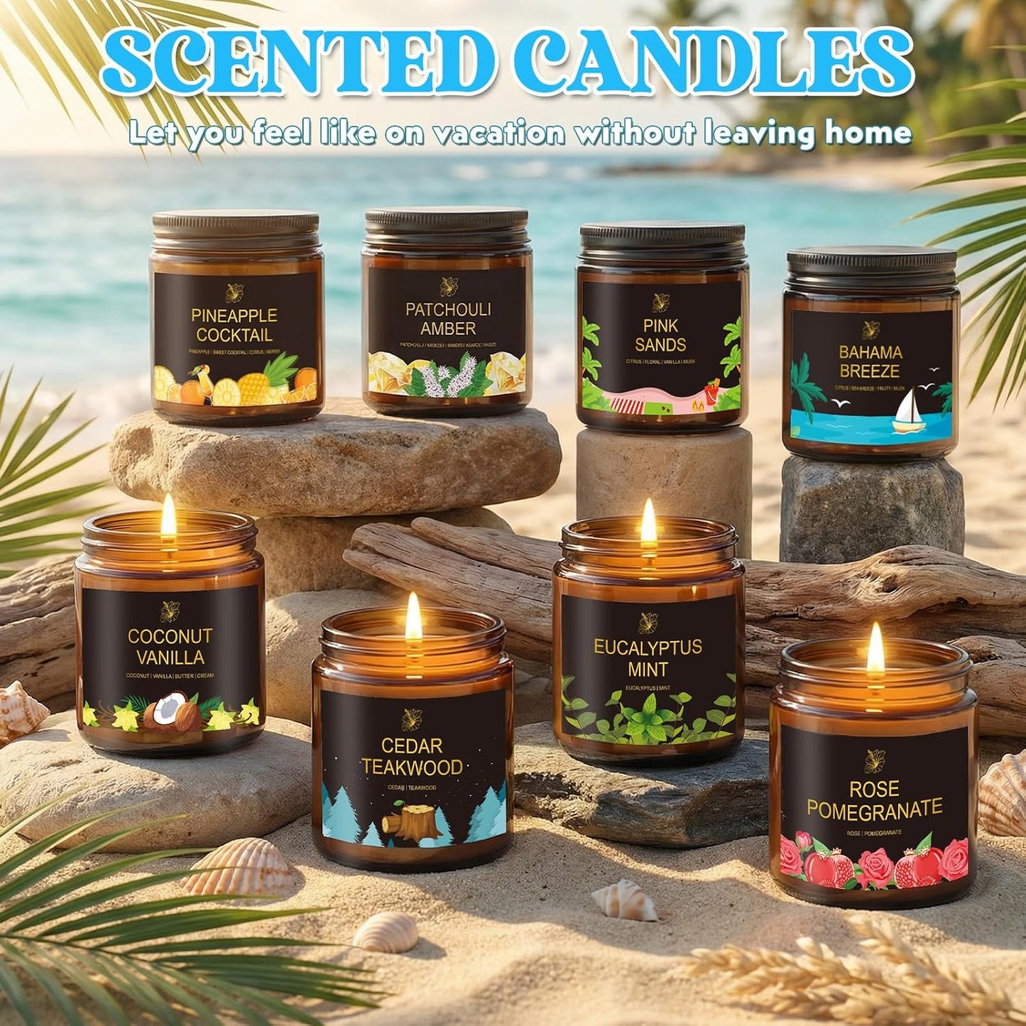 8-Pack Scented Candle, 28oz Burn Time 160 Hours, 8 Scents:Pineapple Cocktail, Coconut Vanilla, Pink Sands, Bahama Breeze& More. Perfect Spring and Summer Gift for Family and Friends.