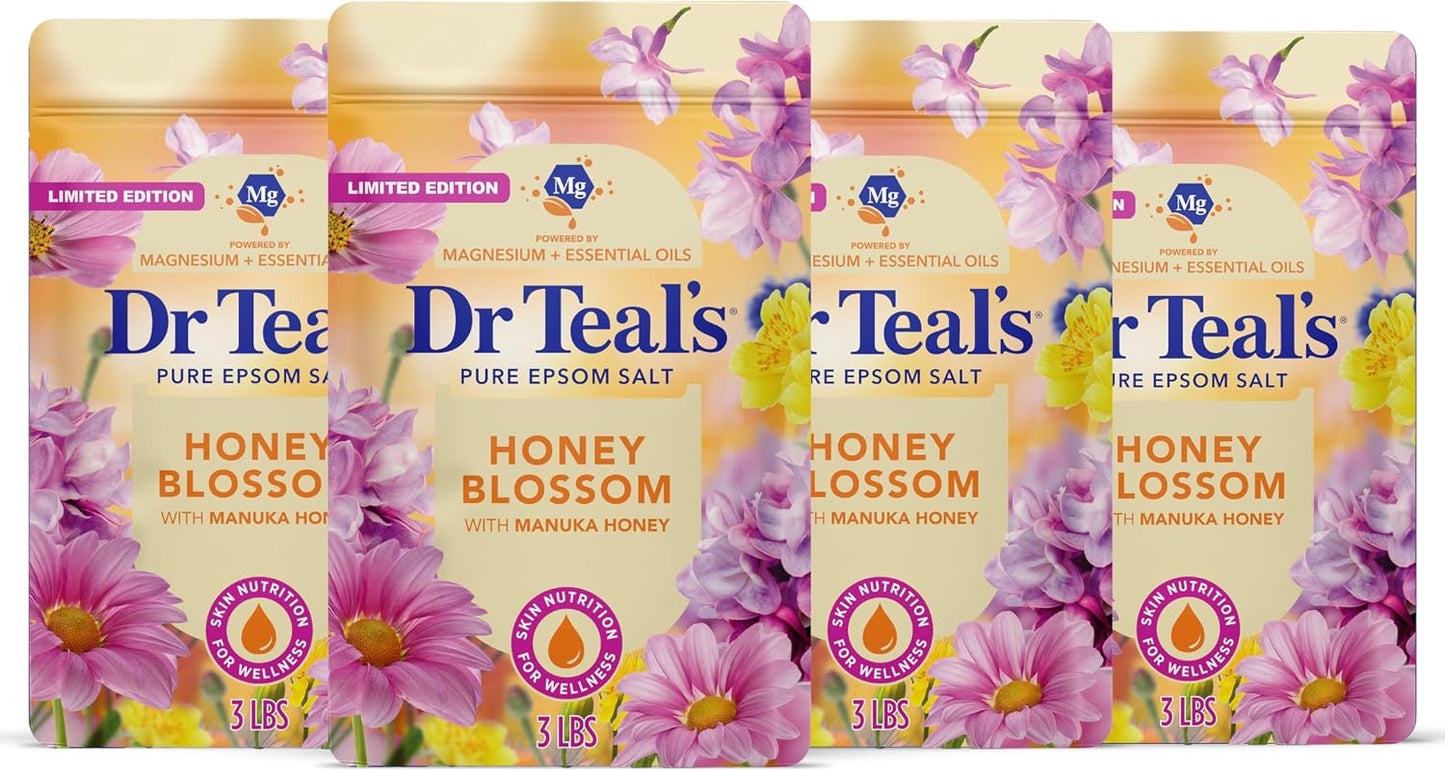 Dr Teal's Epsom Salt Magnesium Soak, Limited Edition Honey Blossom, 3 lbs (Pack of 4)