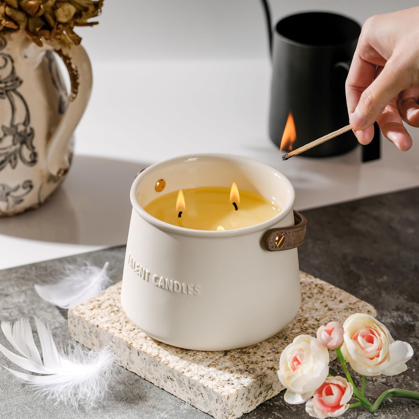 Candles for Home Scented - Scandinavian Style 3 Wick Candle - Long-Lasting Ceramic Candle Jar - Soy Candles Non Toxic with Minimalist Design - Teak Mahogany