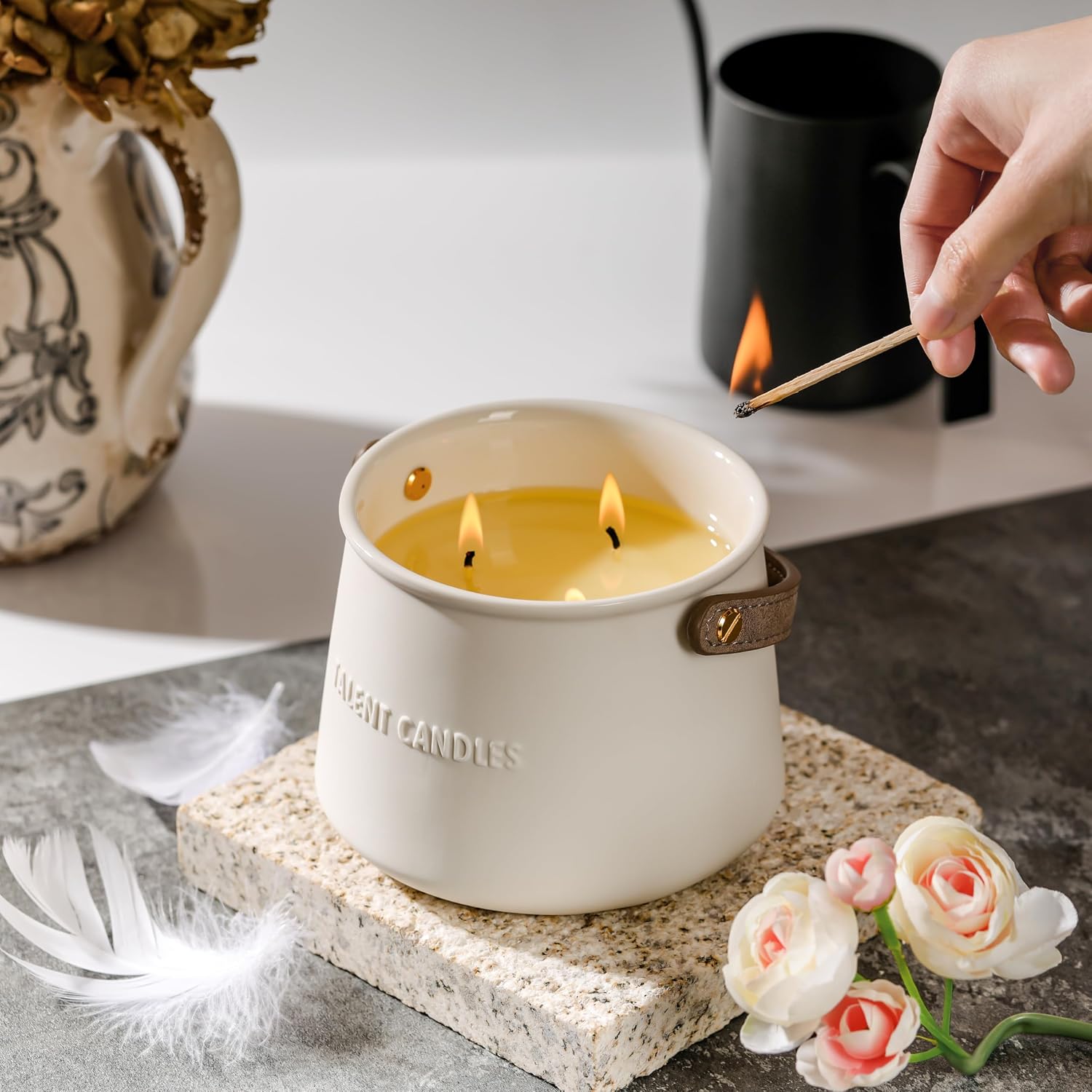 Candles for Home Scented - Scandinavian Style 3 Wick Candle - Long-Lasting Ceramic Candle Jar - Soy Candles Non Toxic with Minimalist Design - Teak Mahogany