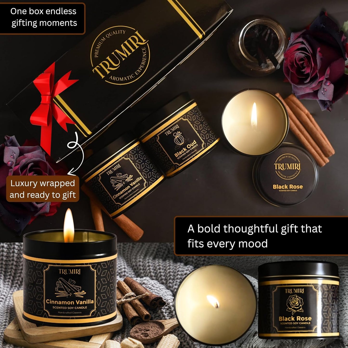 Candle Gift Set of 3 Sage Pine|Jasmine|Black Rose Strong Scented Soy Candels Natural Non Toxic Velas Aromáticas Favors for Women Coworkers Friends Guests Also for Fall Diwali Christmas Holidays