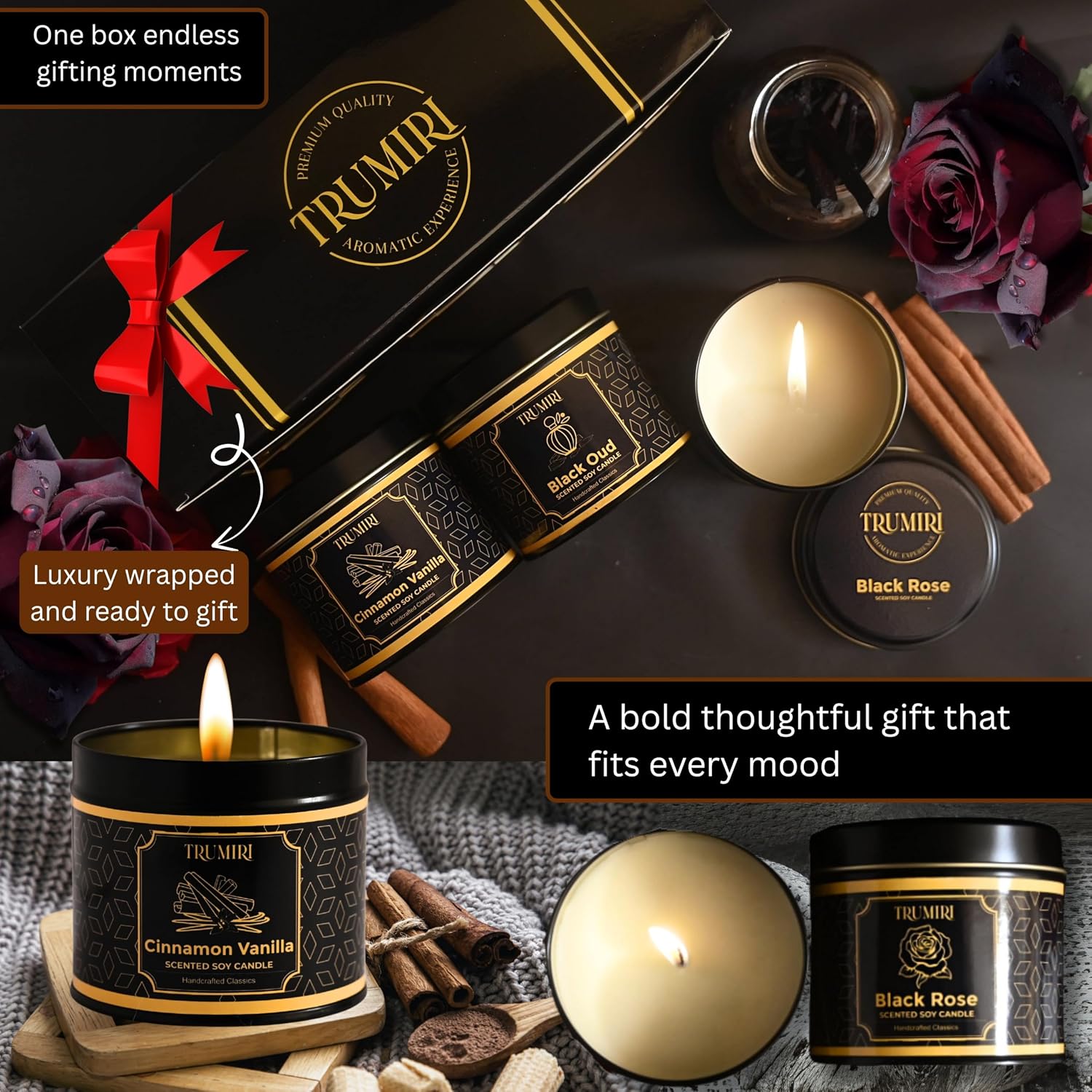 Candle Gift Set of 3 Sage Pine|Jasmine|Black Rose Strong Scented Soy Candels Natural Non Toxic Velas Aromáticas Favors for Women Coworkers Friends Guests Also for Fall Diwali Christmas Holidays