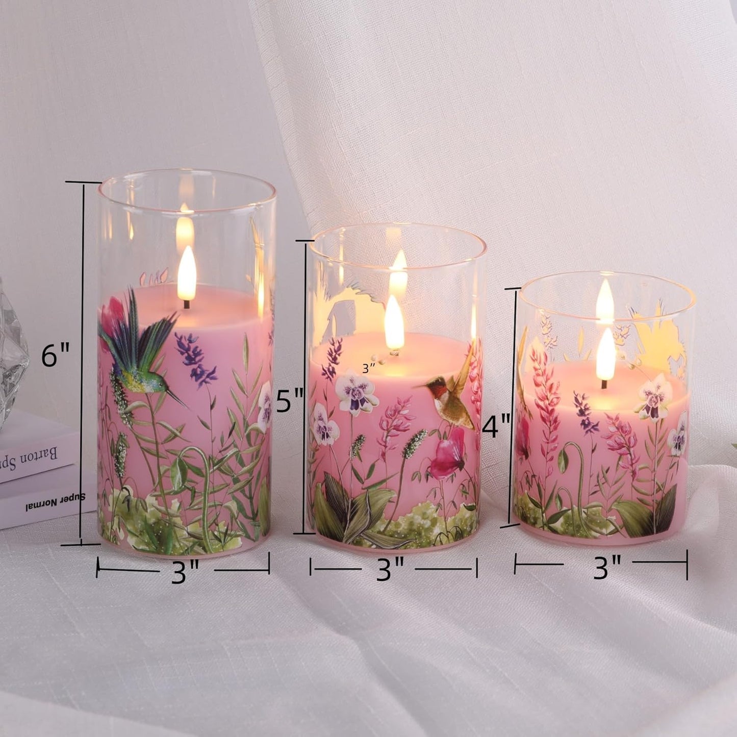 Eywamage Pink Hummingbird Floral Glass Flameless Candles with Remote, Flickering Battery LED Pillar Candles Set of 3, Spring Home Decor