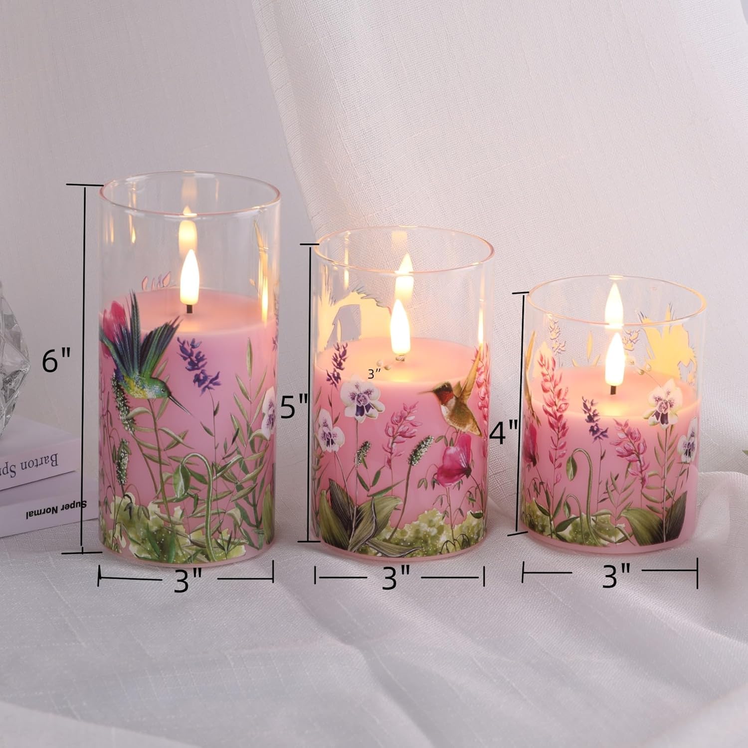 Eywamage Pink Hummingbird Floral Glass Flameless Candles with Remote, Flickering Battery LED Pillar Candles Set of 3, Spring Home Decor