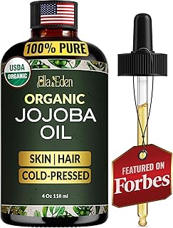 Ella & Eden Organic Jojoba Oil – USDA Certified, Cold-Pressed, 100% Pure & Unrefined, Hexane-Free Oil for Face, Skin, Hair & Nails – 4 Fl Oz Glass Bottle