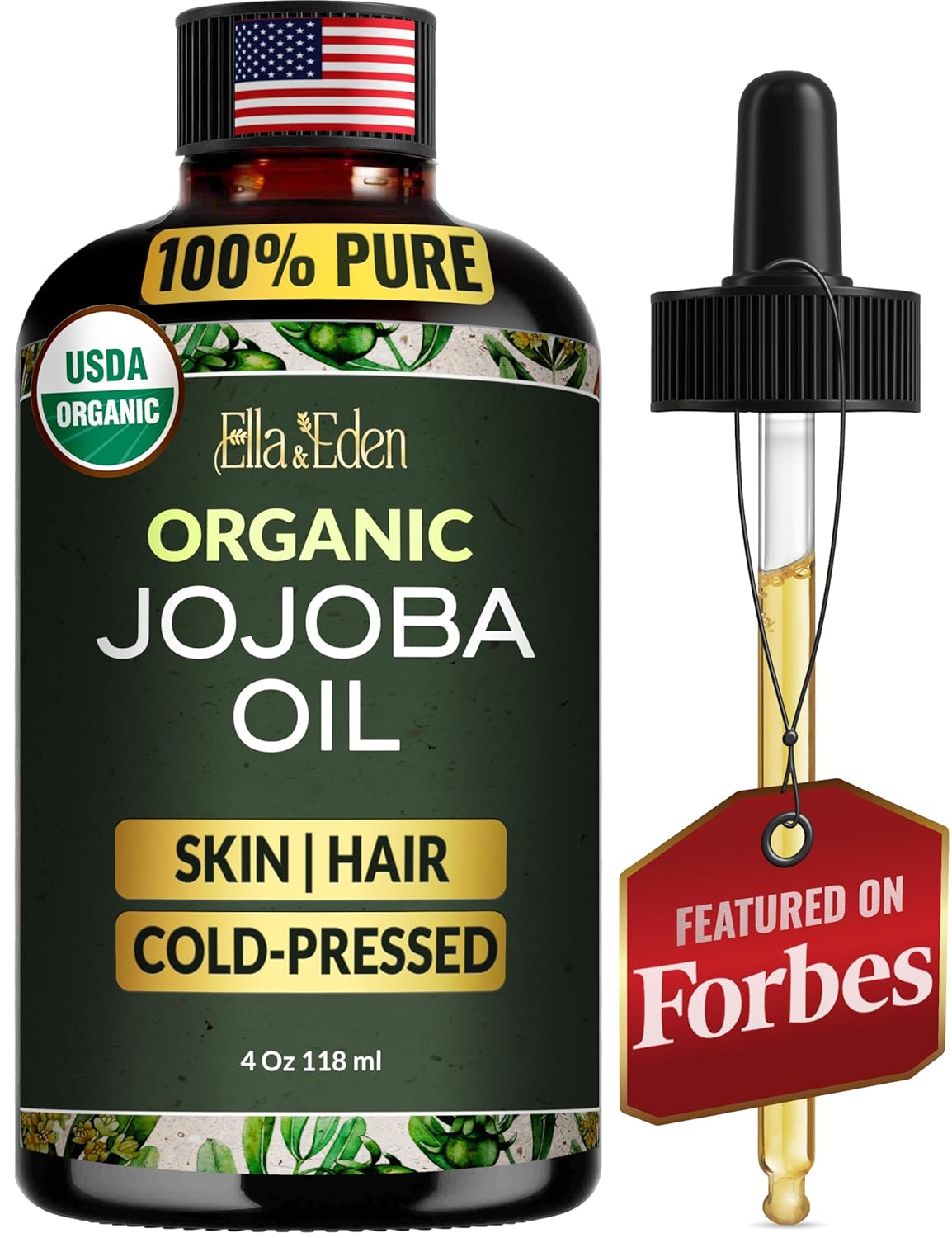 Ella & Eden Organic Jojoba Oil – USDA Certified, Cold-Pressed, 100% Pure & Unrefined, Hexane-Free Oil for Face, Skin, Hair & Nails – 4 Fl Oz Glass Bottle