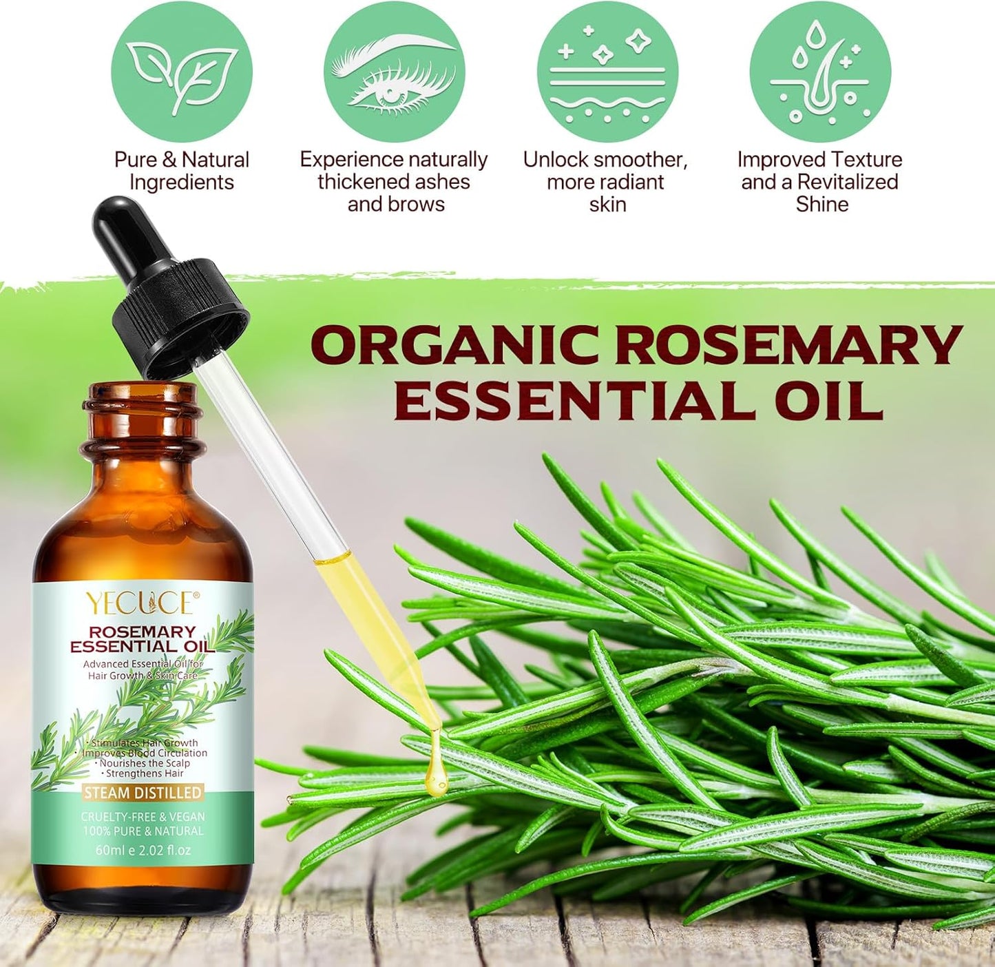 Rosemary Oil, 2.02 Fl Oz Pure Rosemary Essential Oil with with Glass Dropper - Undiluted Rosemary Massage Oil for Hair Growth Skin Care and Nails and Refreshing Aromatherapy Oil for Diffusers